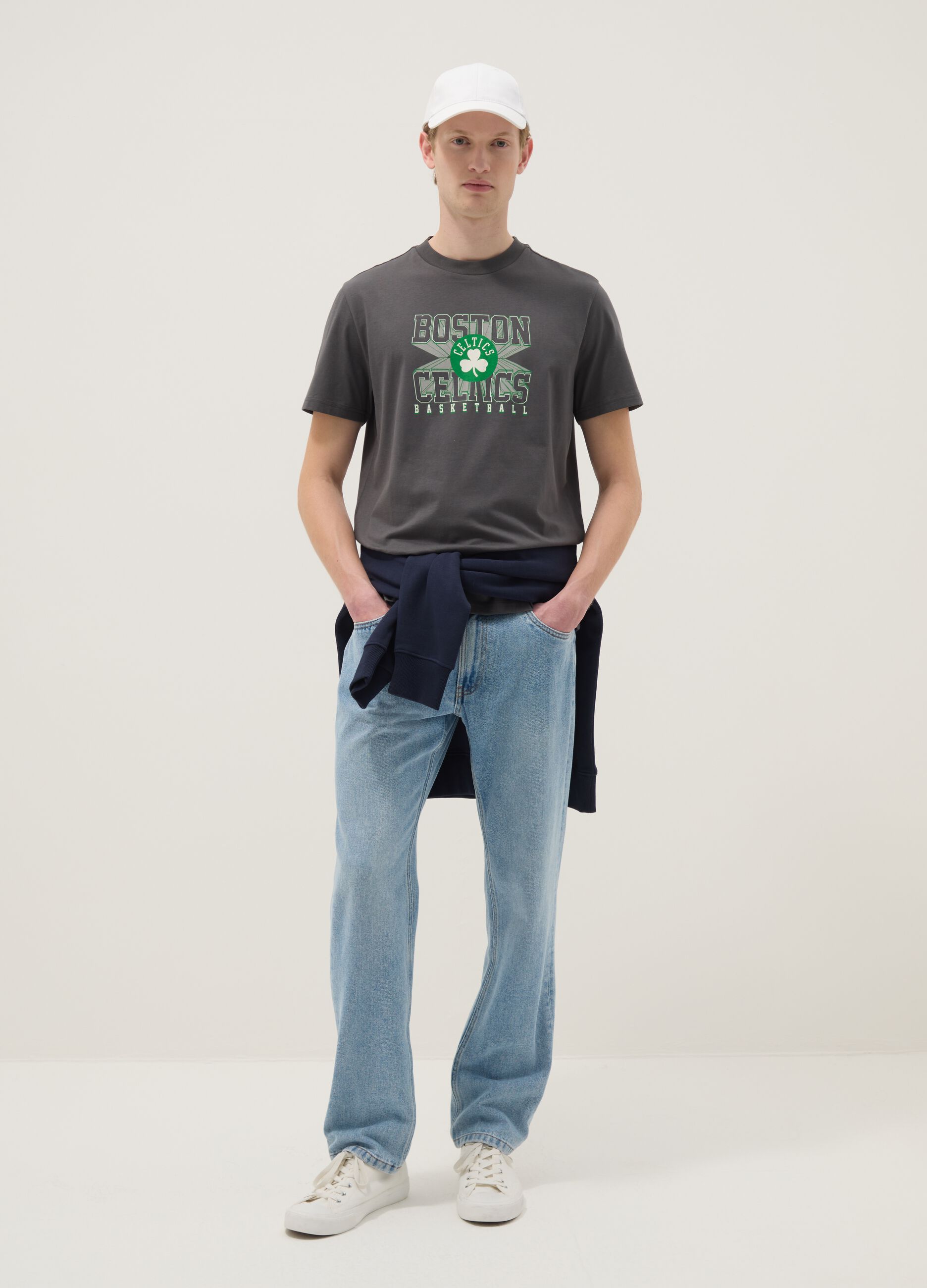 Grey pure cotton T-shirt regular fit with Boston Celtics print