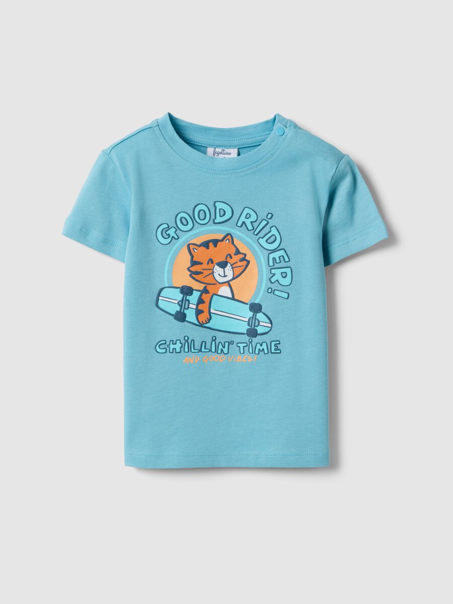 Boys' Regular Fit Sky Blue Pure Cotton T-shirt with Riding Tiger_0