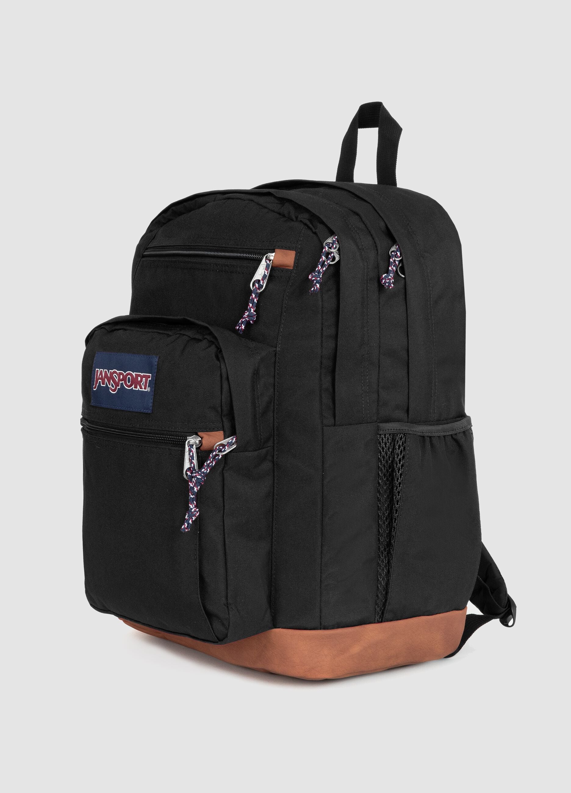 Black backpack with brown base and external pockets