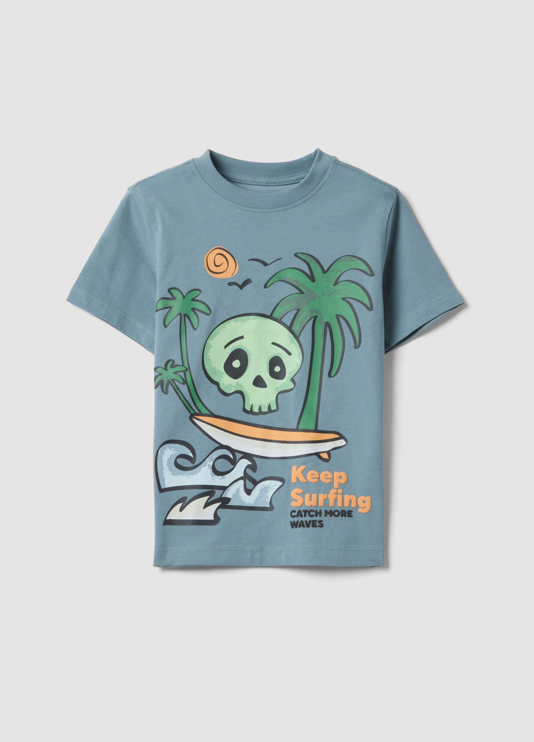 Blue pure cotton boys&rsquo; T-shirt with surf print, regular fit