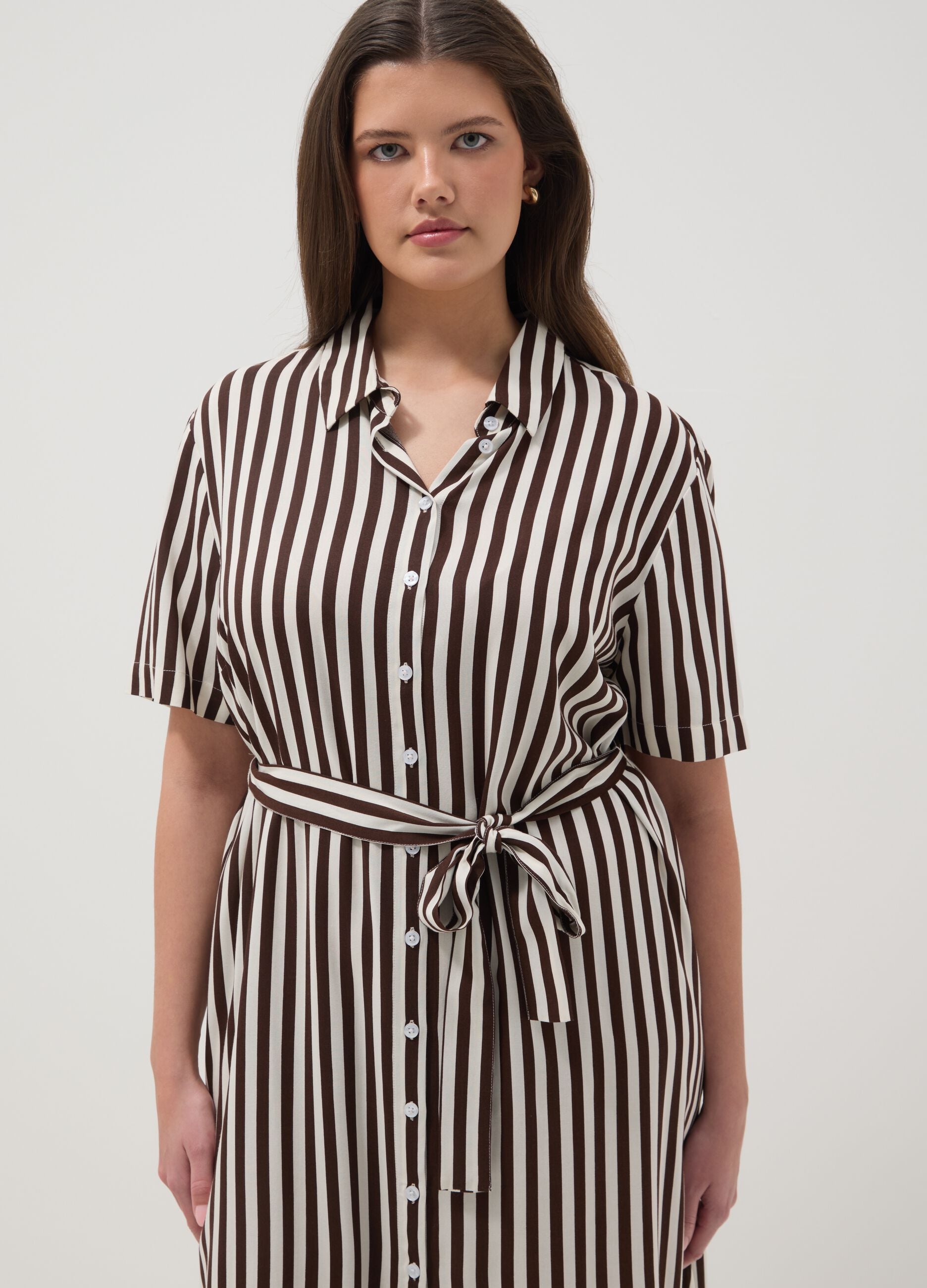 Regular fit multicolour striped pure viscose dress with belt