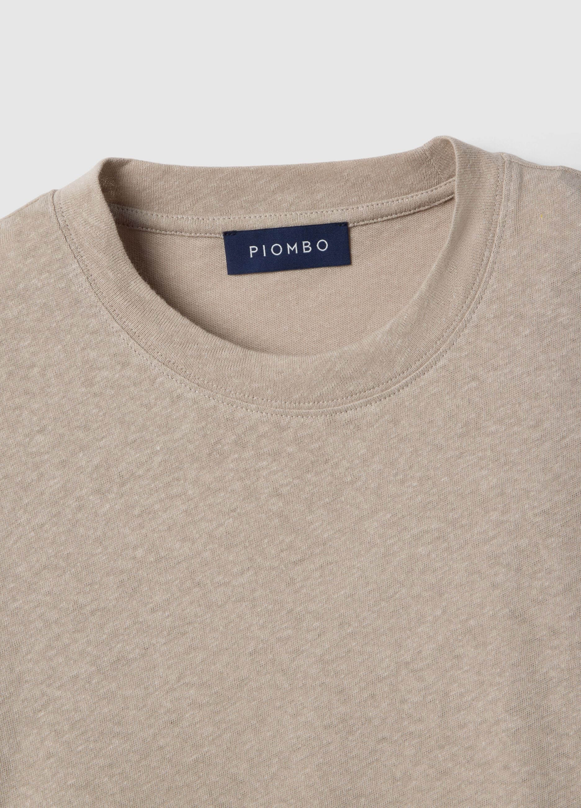 Beige linen-cotton blend regular fit t-shirt