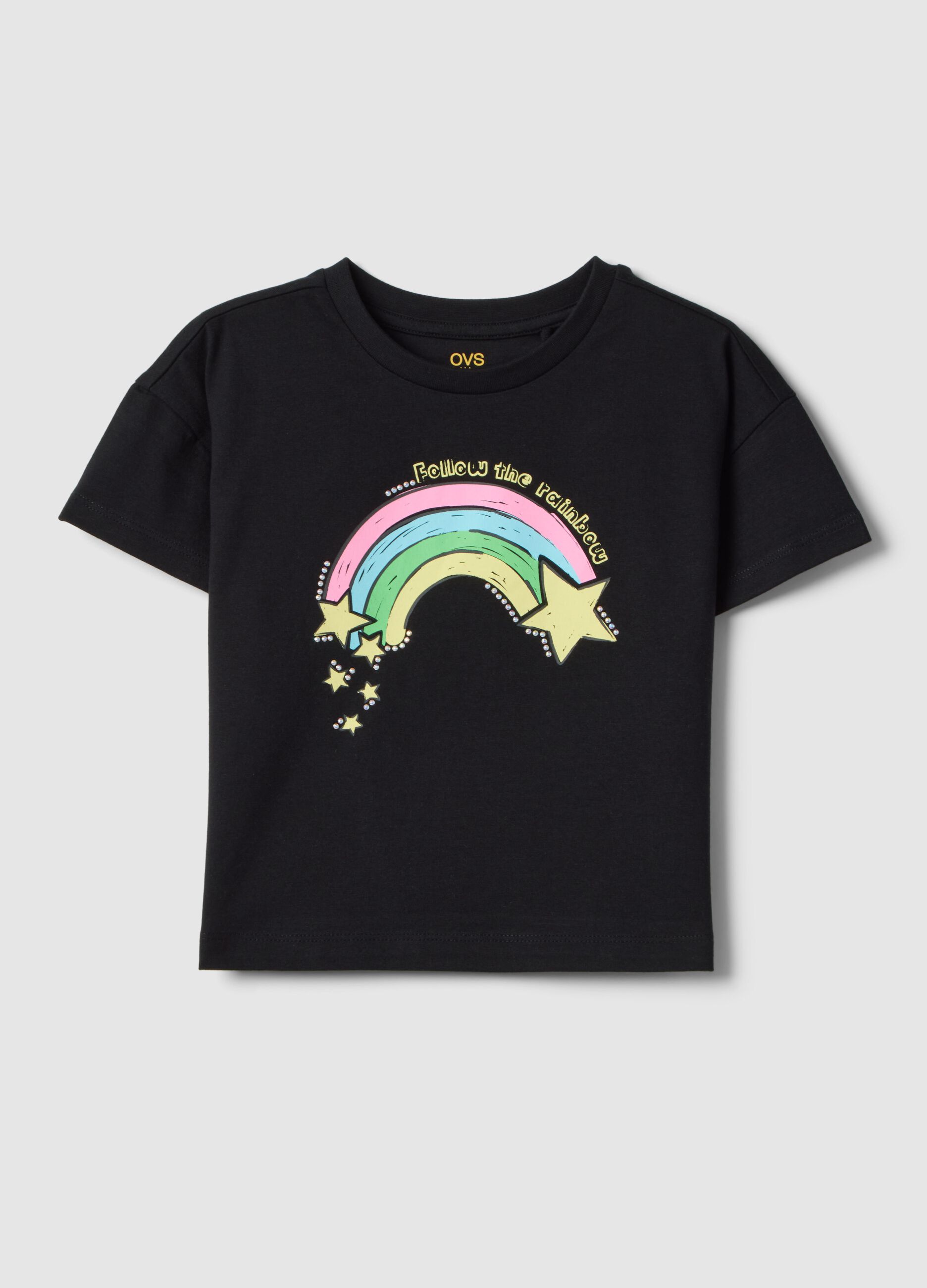Girls' black regular fit pure cotton t-shirt with rainbow
