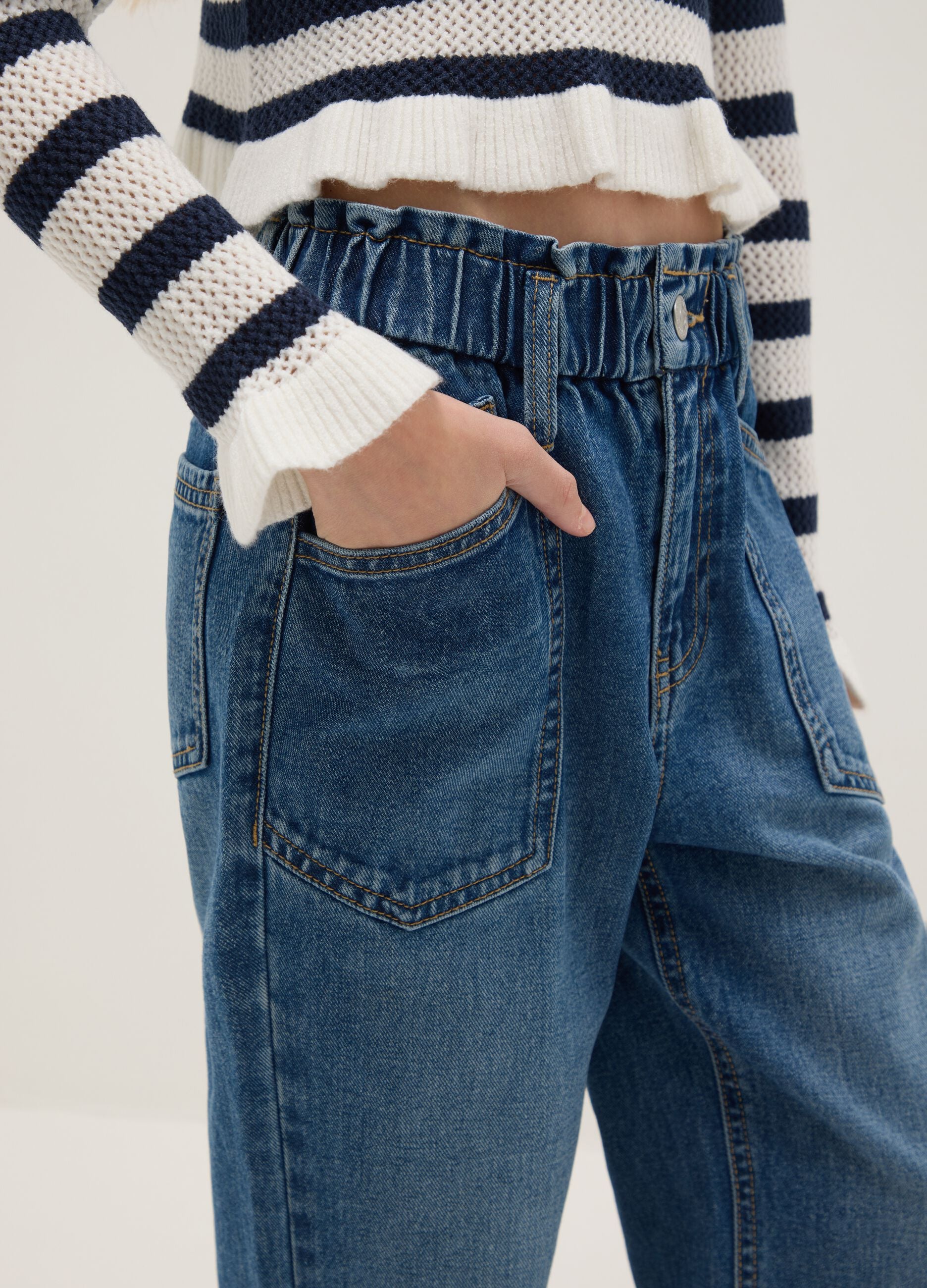 Girls' pure cotton blue paper bag jeans