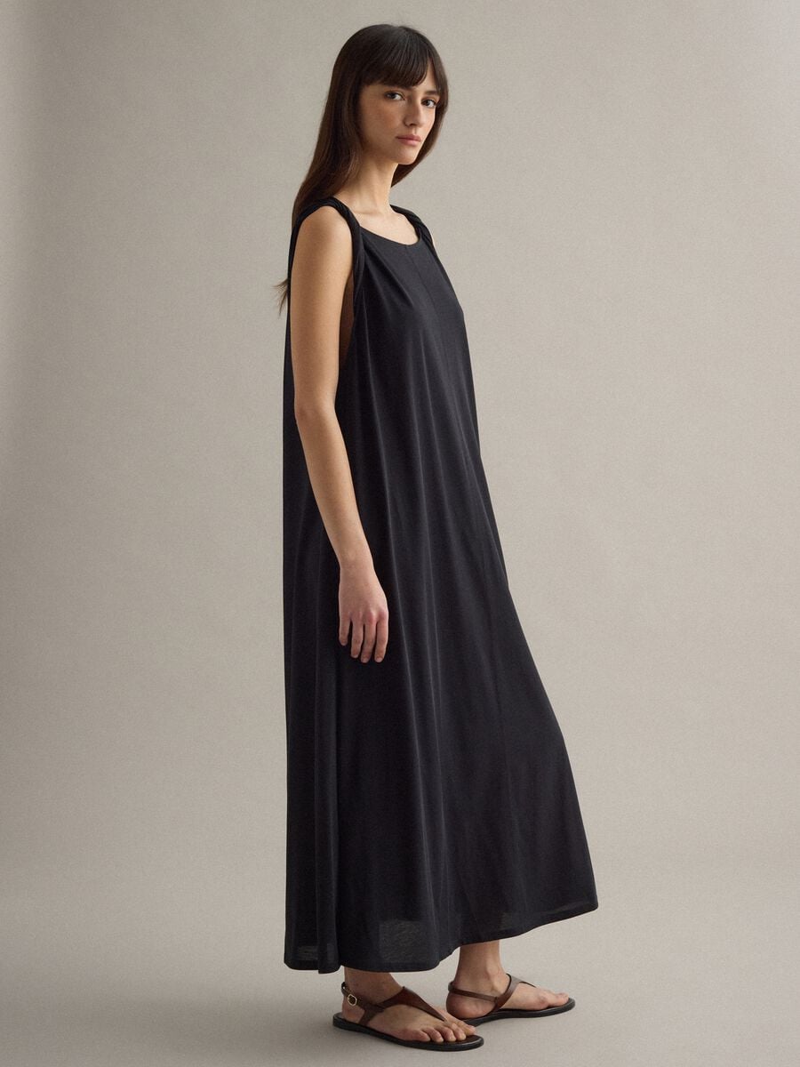 Long black cotton-blend dress, regular fit_1