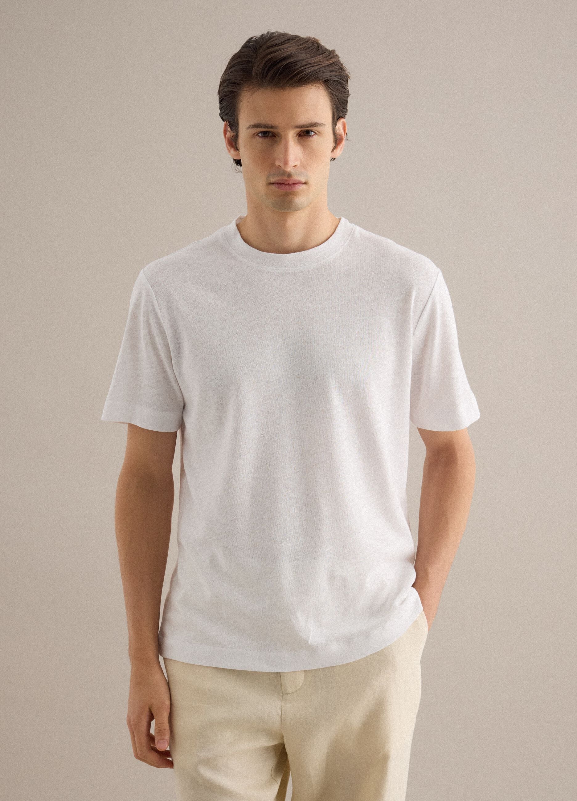White regular fit linen and cotton blend T-shirt