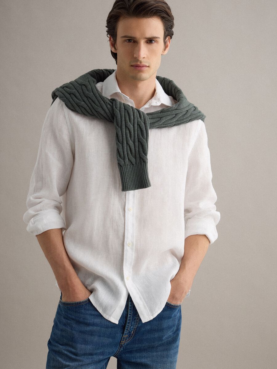 White Pure Linen Long-Sleeve Shirt, Regular Fit_1