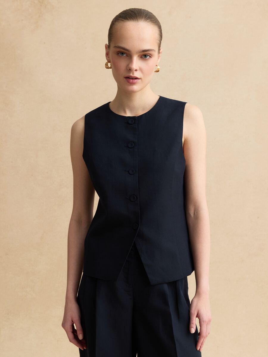 Blue Lyocell and Linen Regular Fit Waistcoat with Buttons_0