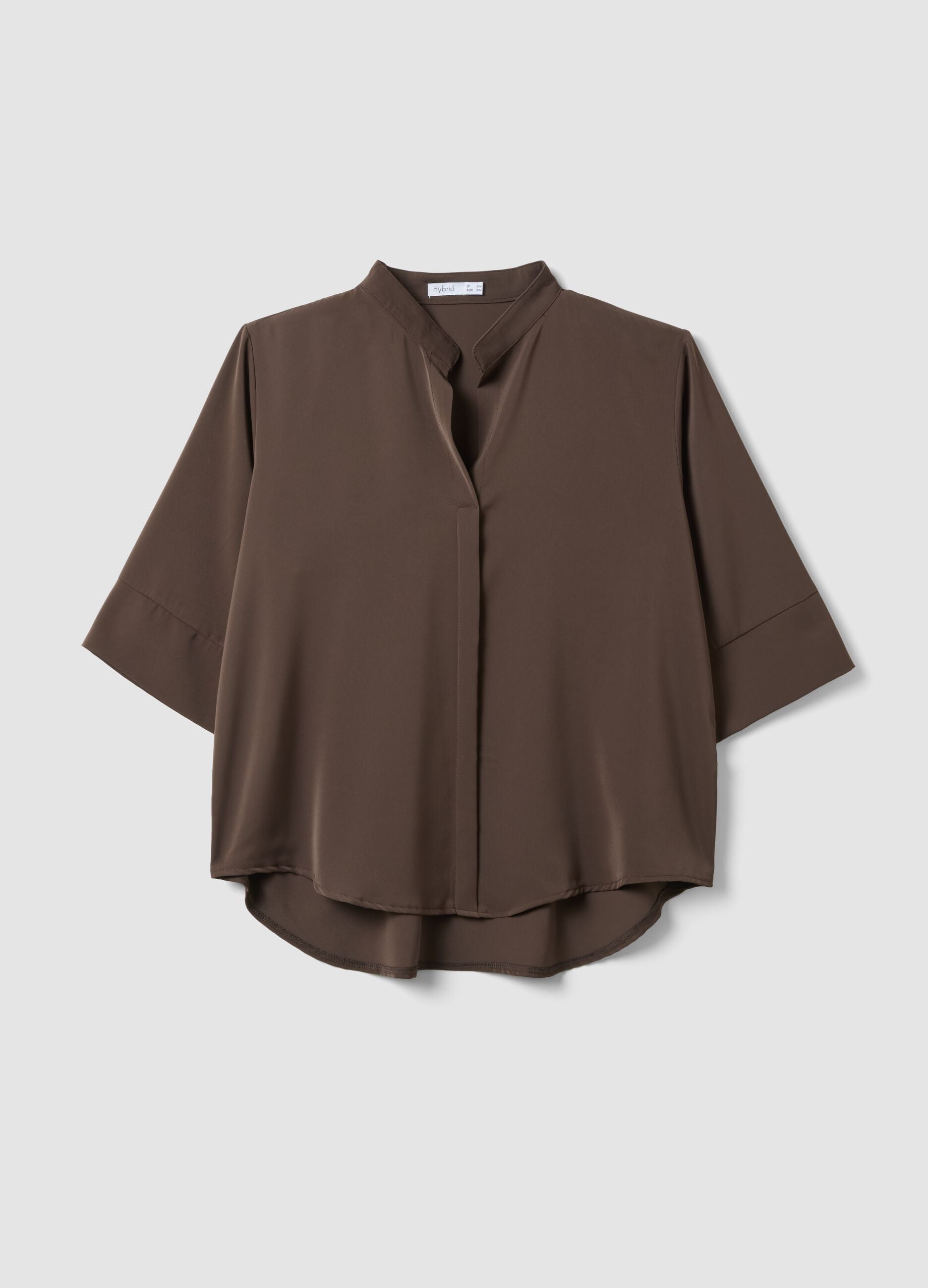 Brown long-sleeve regular fit shirt with band collar