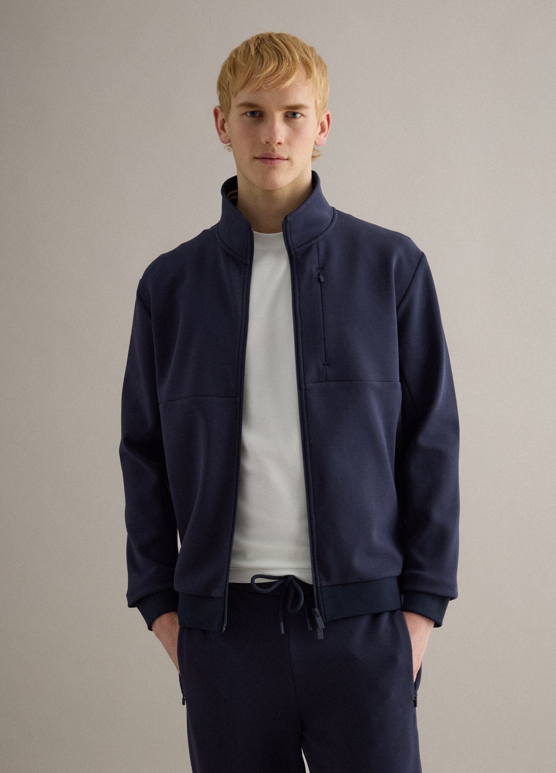 Blue cotton blend regular fit sweatshirt with full zip and high collar