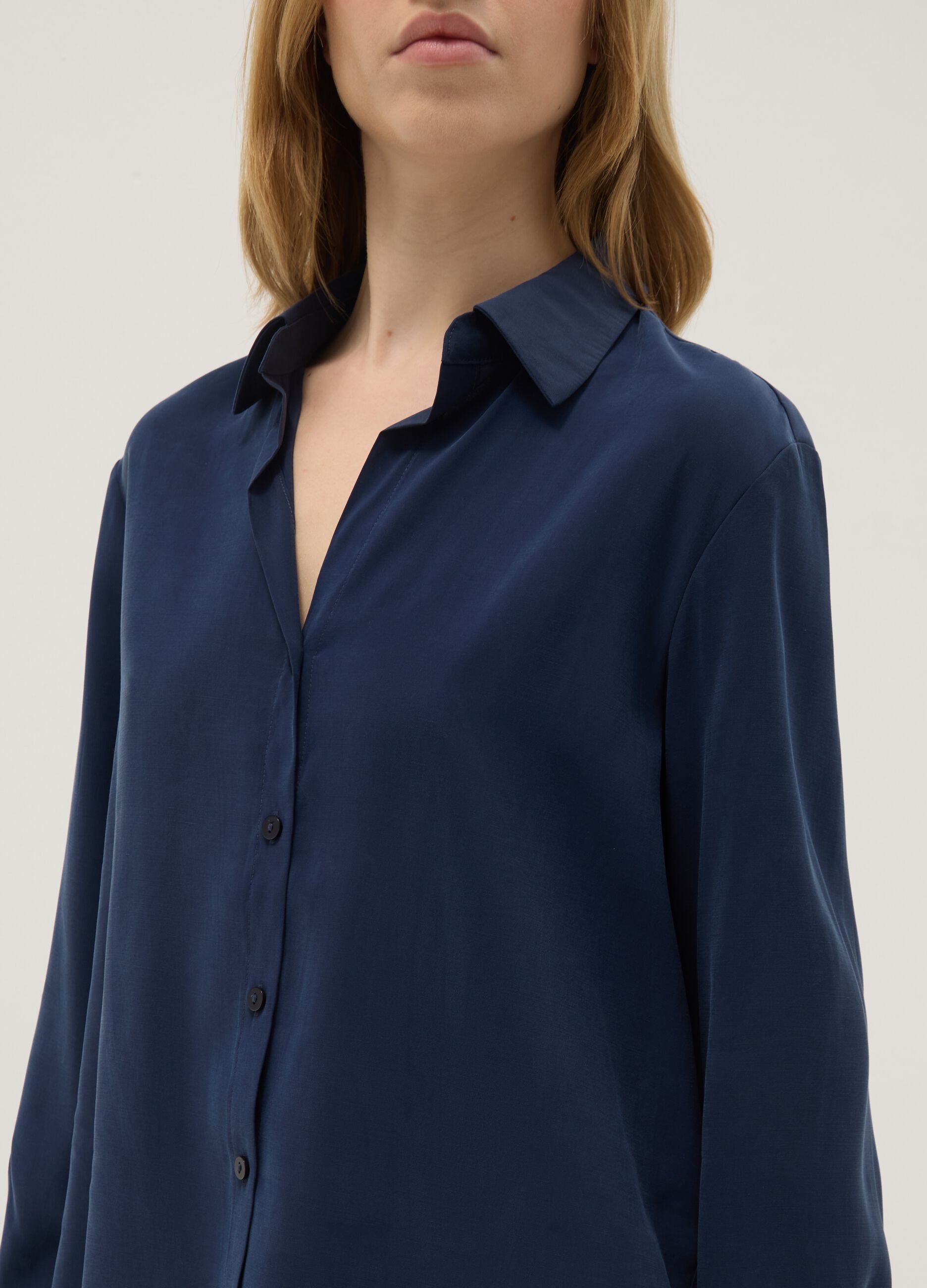 Blue Long Sleeve Shirt in Viscose Blend Regular Fit