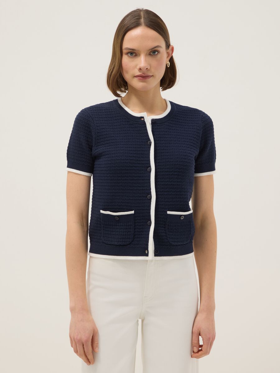 Regular fit blue cotton cardigan with buttons_0
