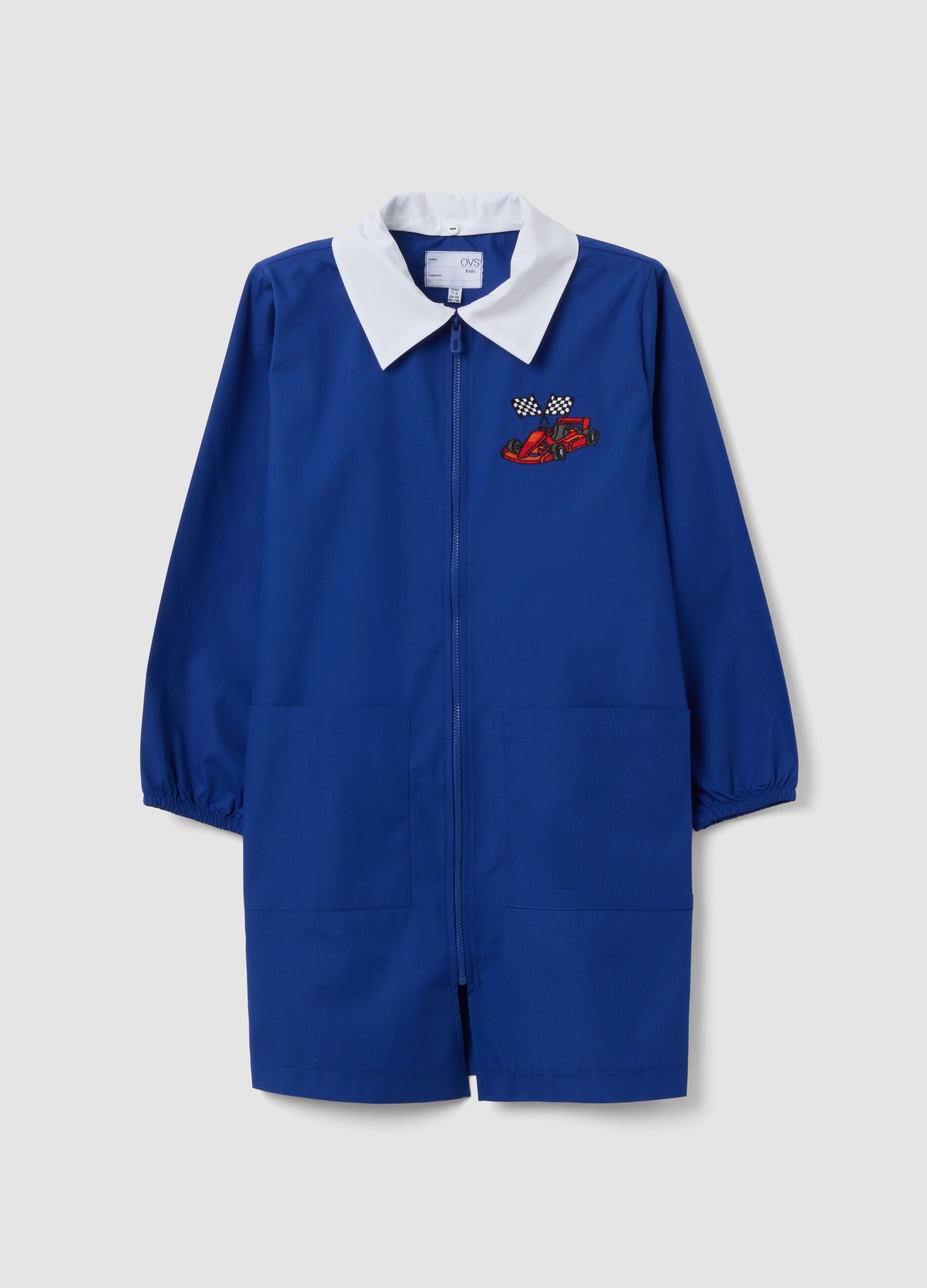 Blue boys&rsquo; school apron with zip and go-kart embroidery