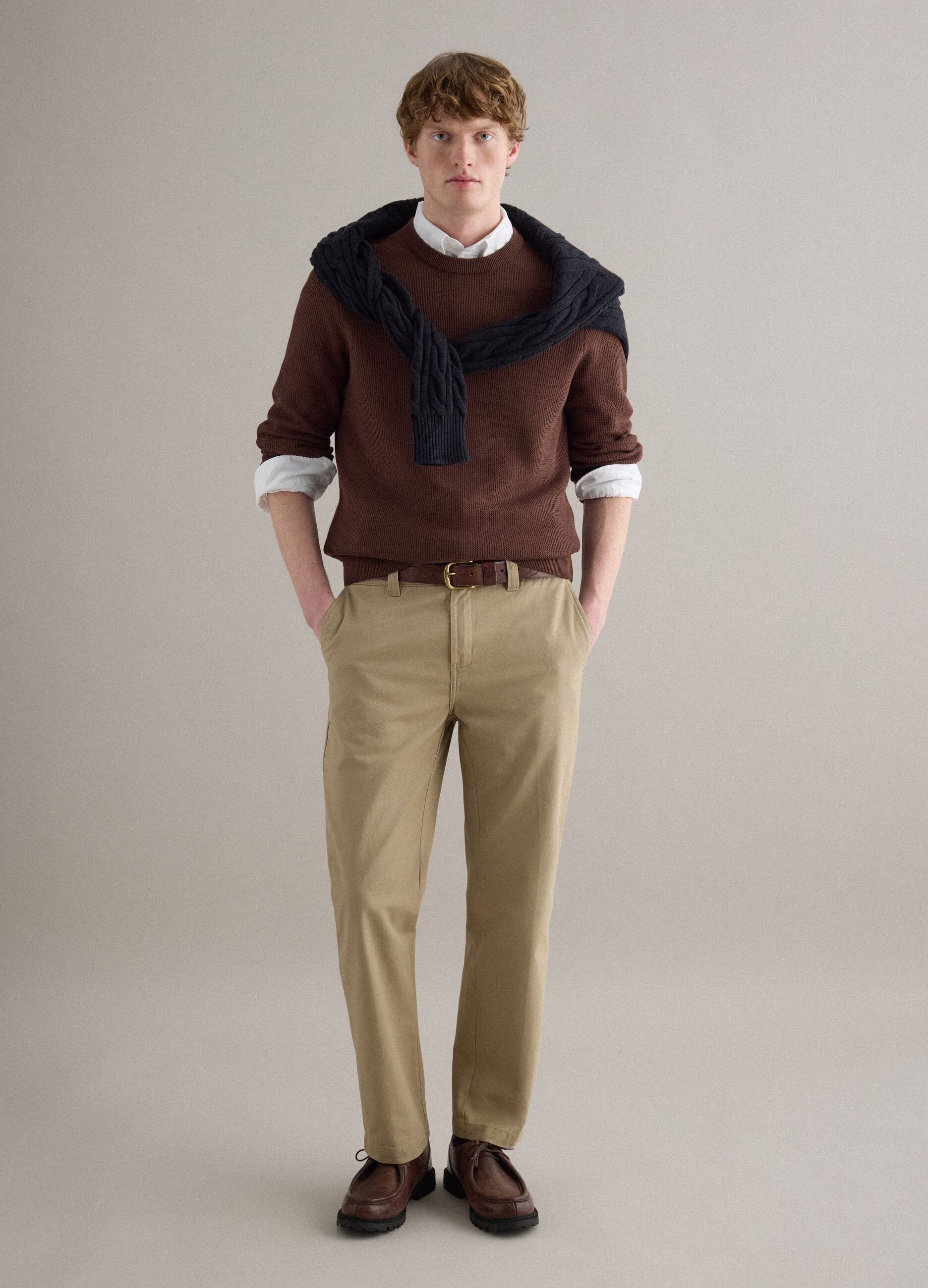 Regular fit straight beige chino trousers in pure cotton twill
