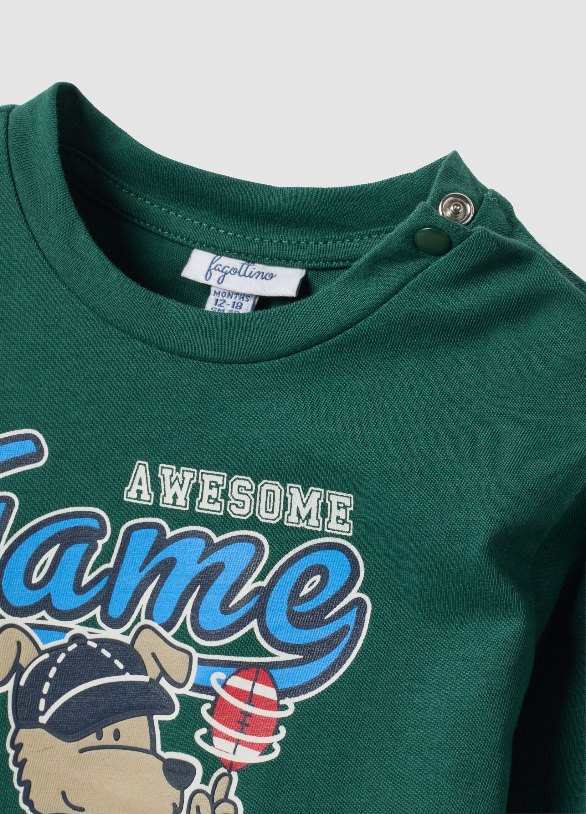 T-shirt verde in puro cotone organico con stampa cagnolino per bimbo