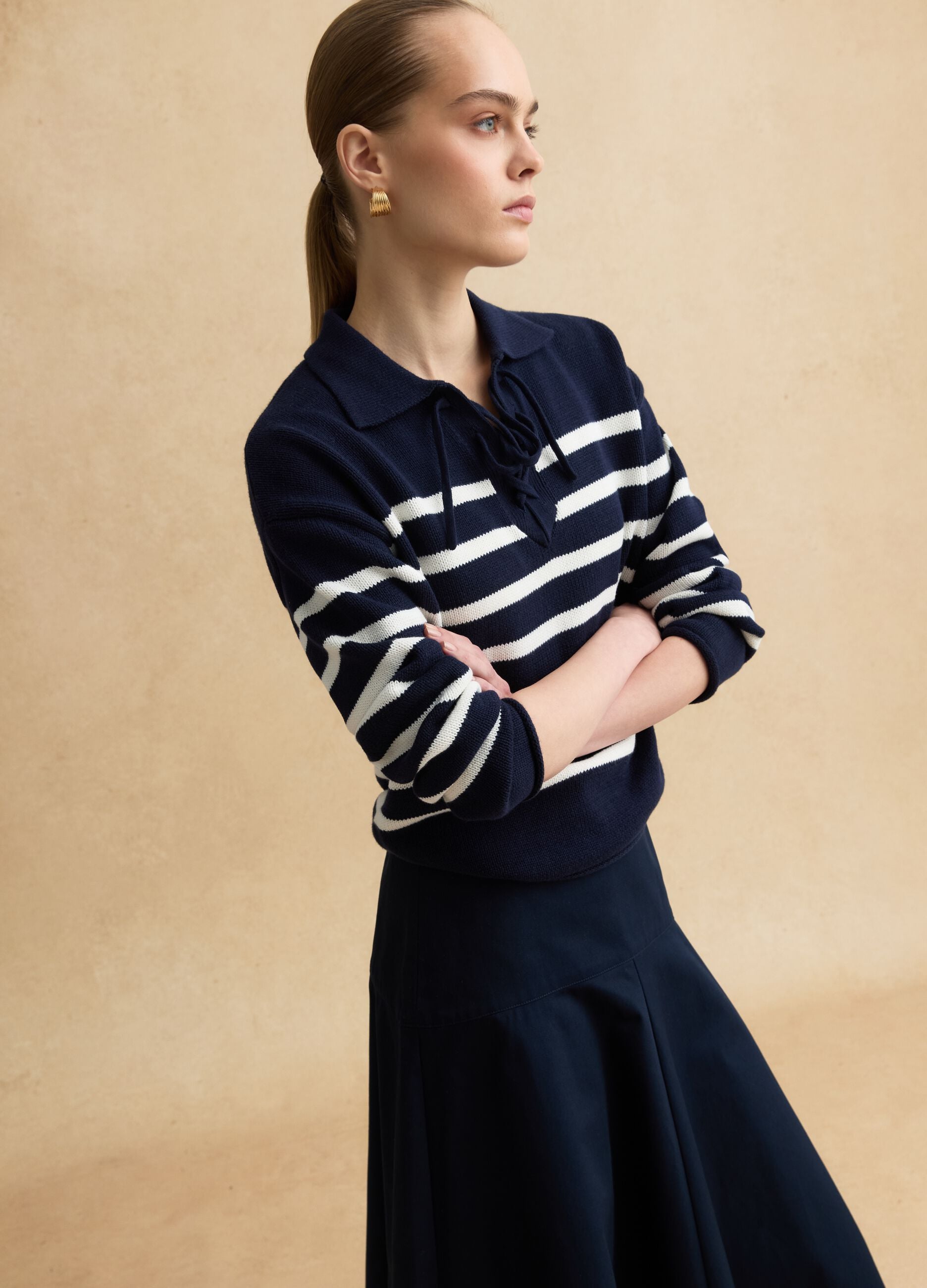 Multi-coloured striped pure cotton sweater, regular fit, deep V