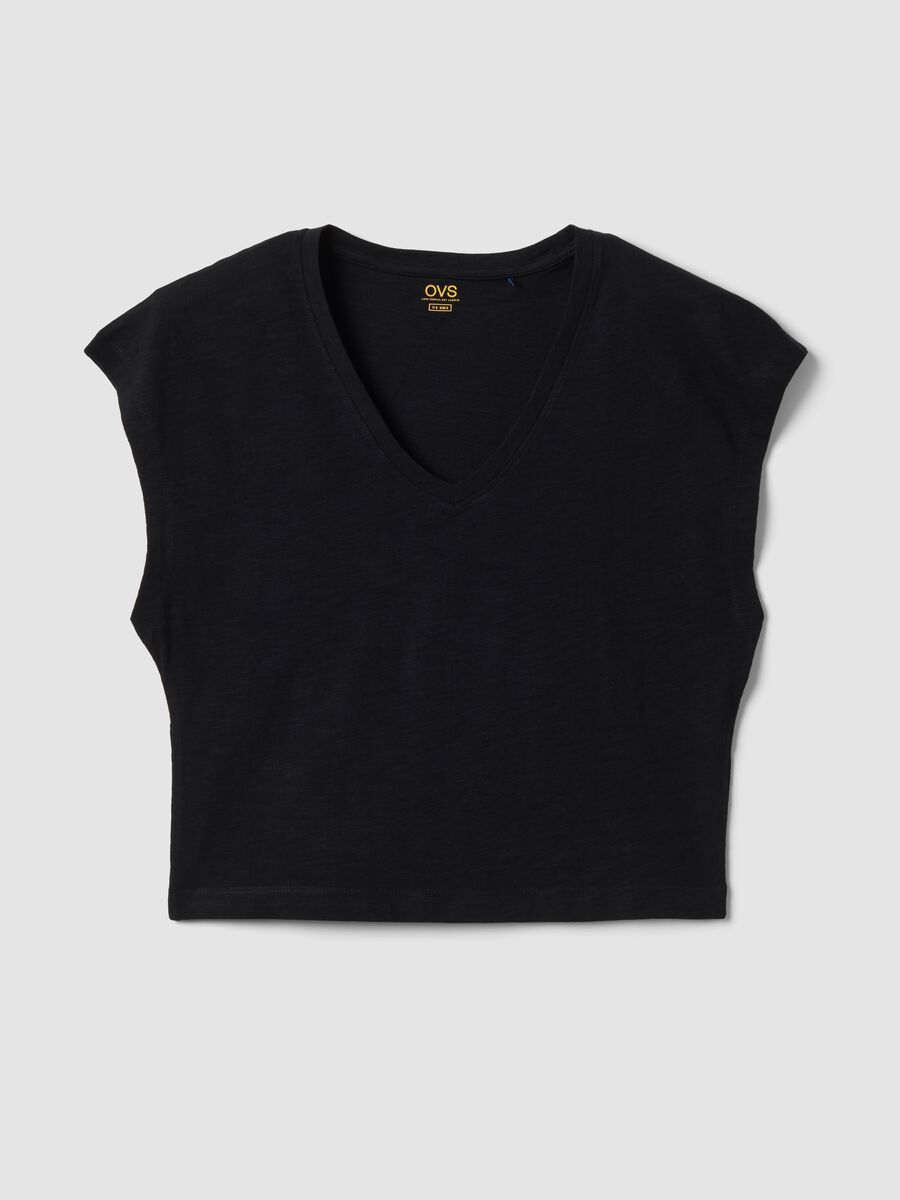Blue pure cotton V-neck T-shirt_4
