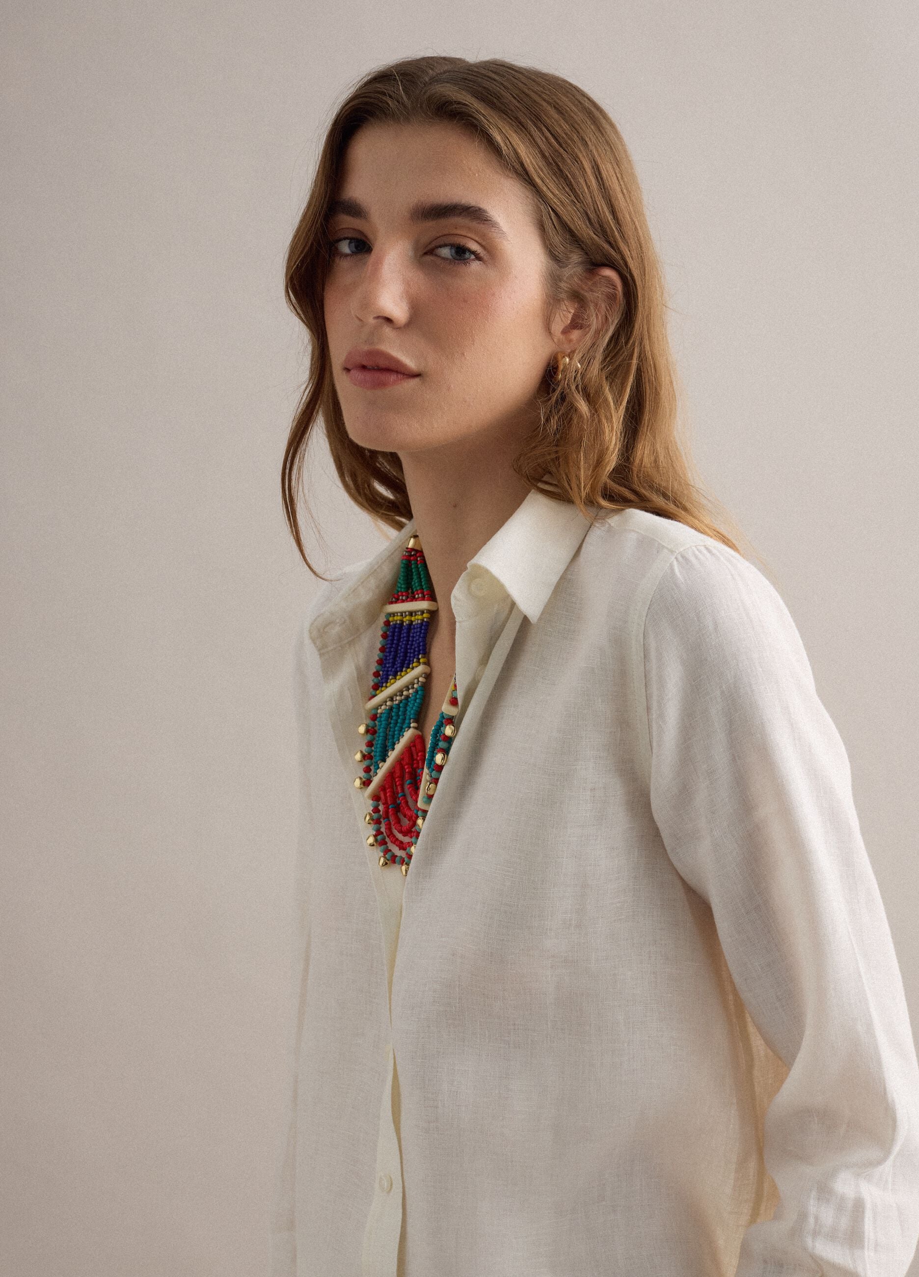 Regular fit pure white linen shirt