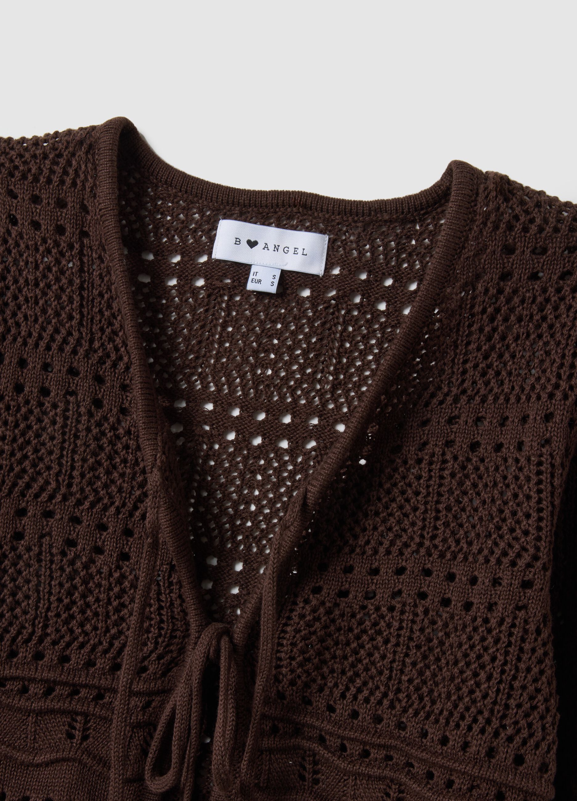 Cardigan deep V in crochet di puro cotone marrone regular fit