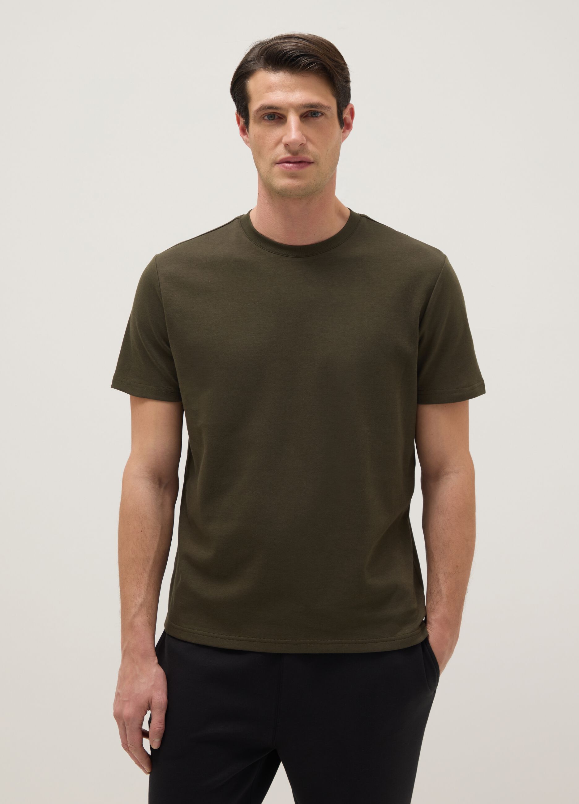 Green Cotton Blend Crew Neck T-shirt - Regular Fit