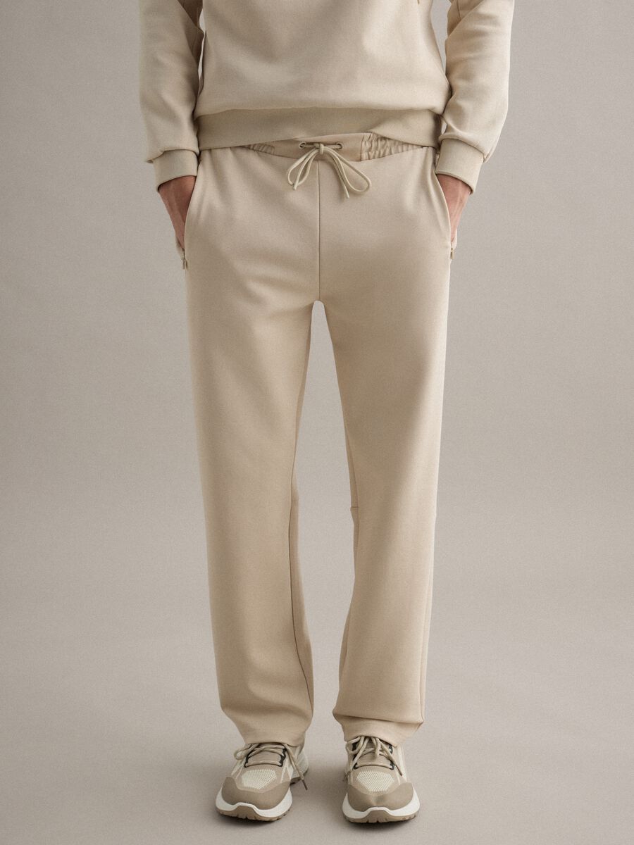 Beige Stretch Cotton Blend Joggers, Regular Fit_1