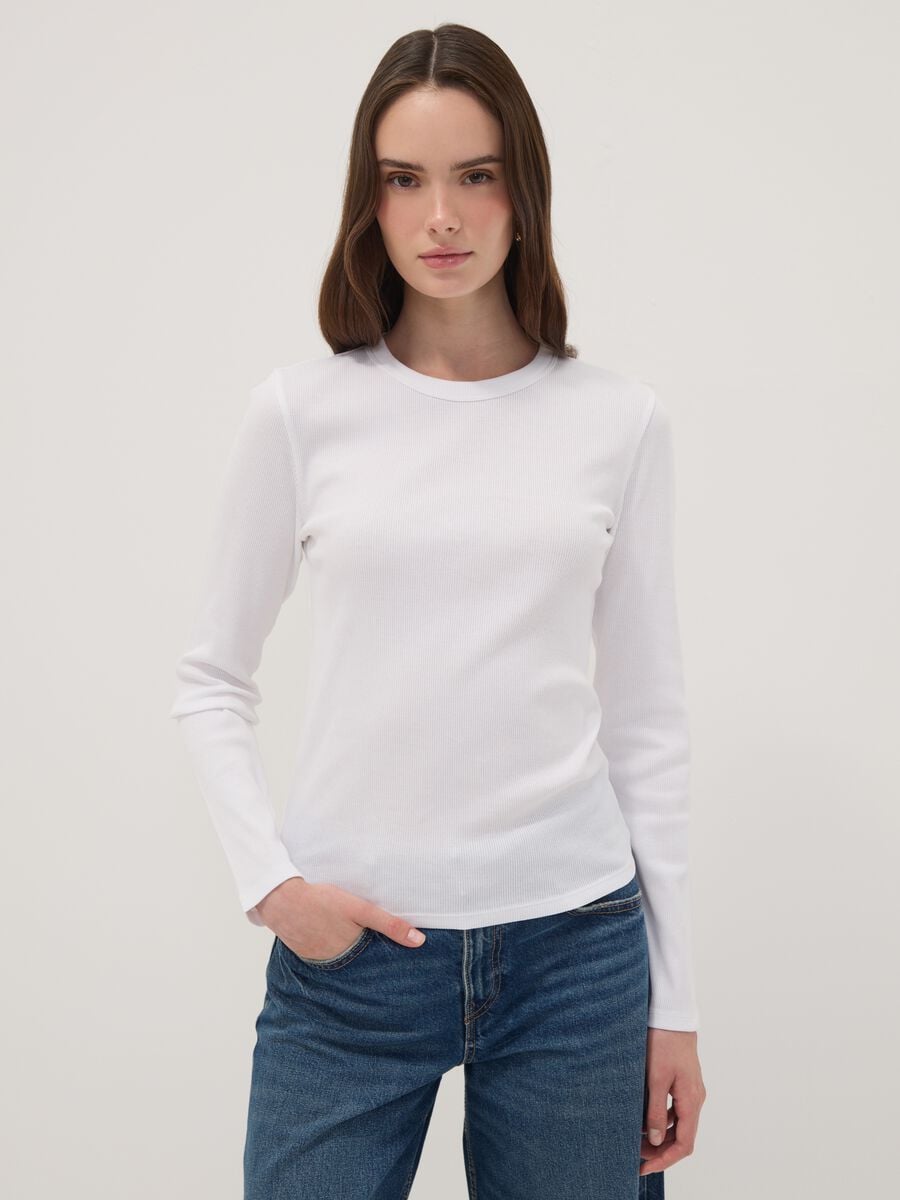 T-shirt bianca in puro cotone a maniche lunghe_0