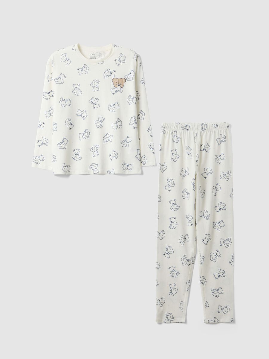 Girls' white regular fit pure cotton pyjamas with teddy bears_0