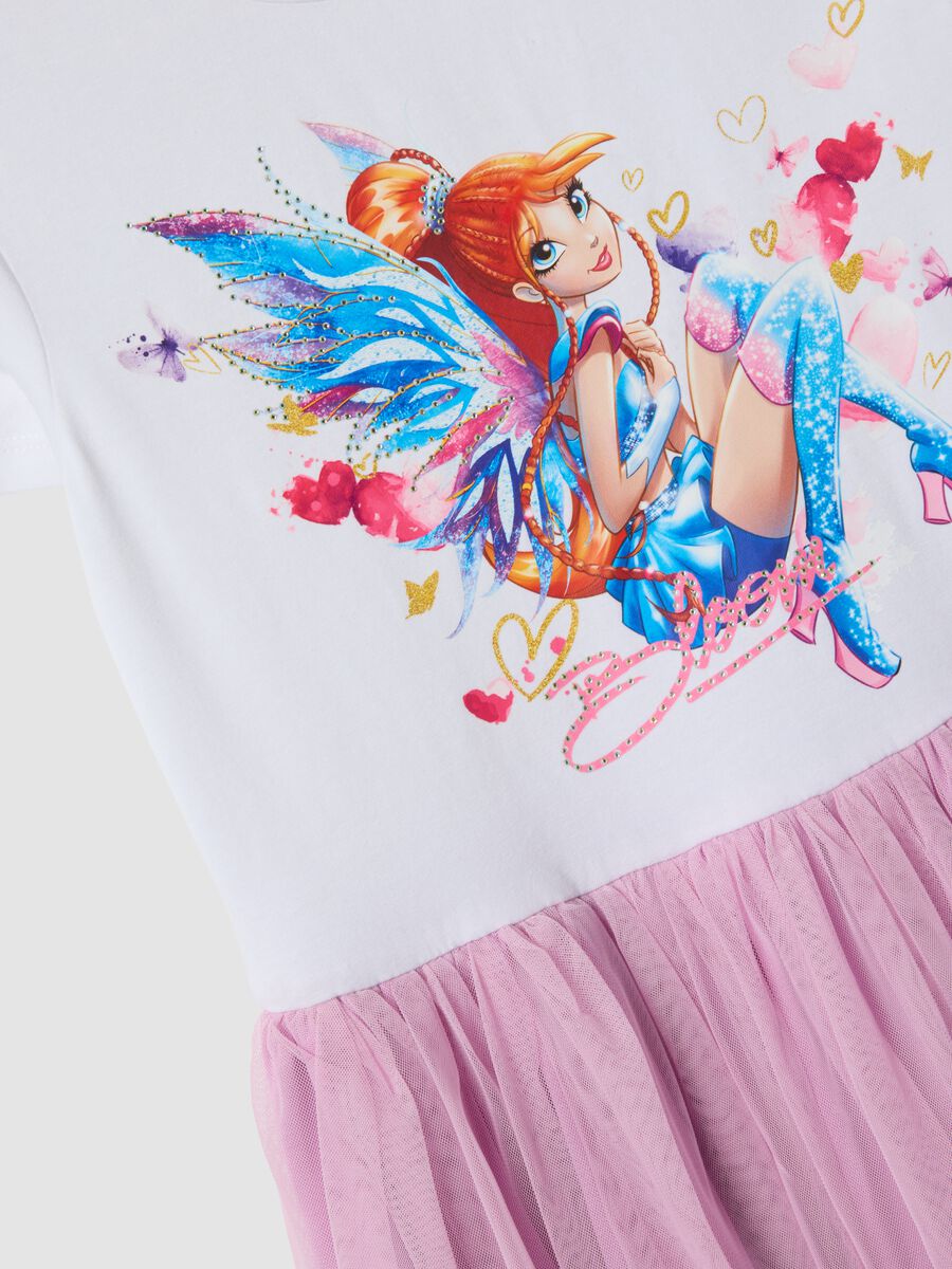 Pink and white stretch-cotton mini dress with tulle skirt for girls, regular fit_2