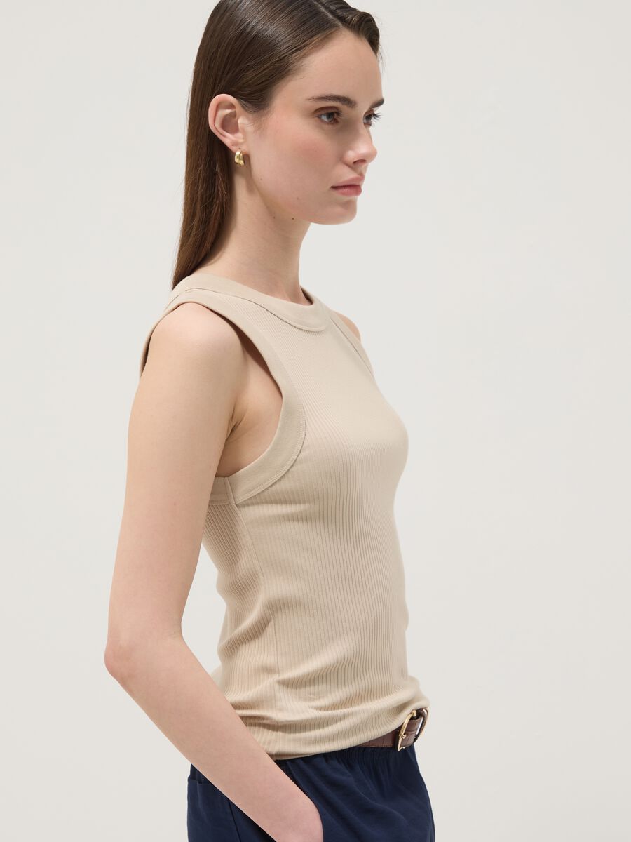 Beige fitted ribbed stretch-cotton tank top_0