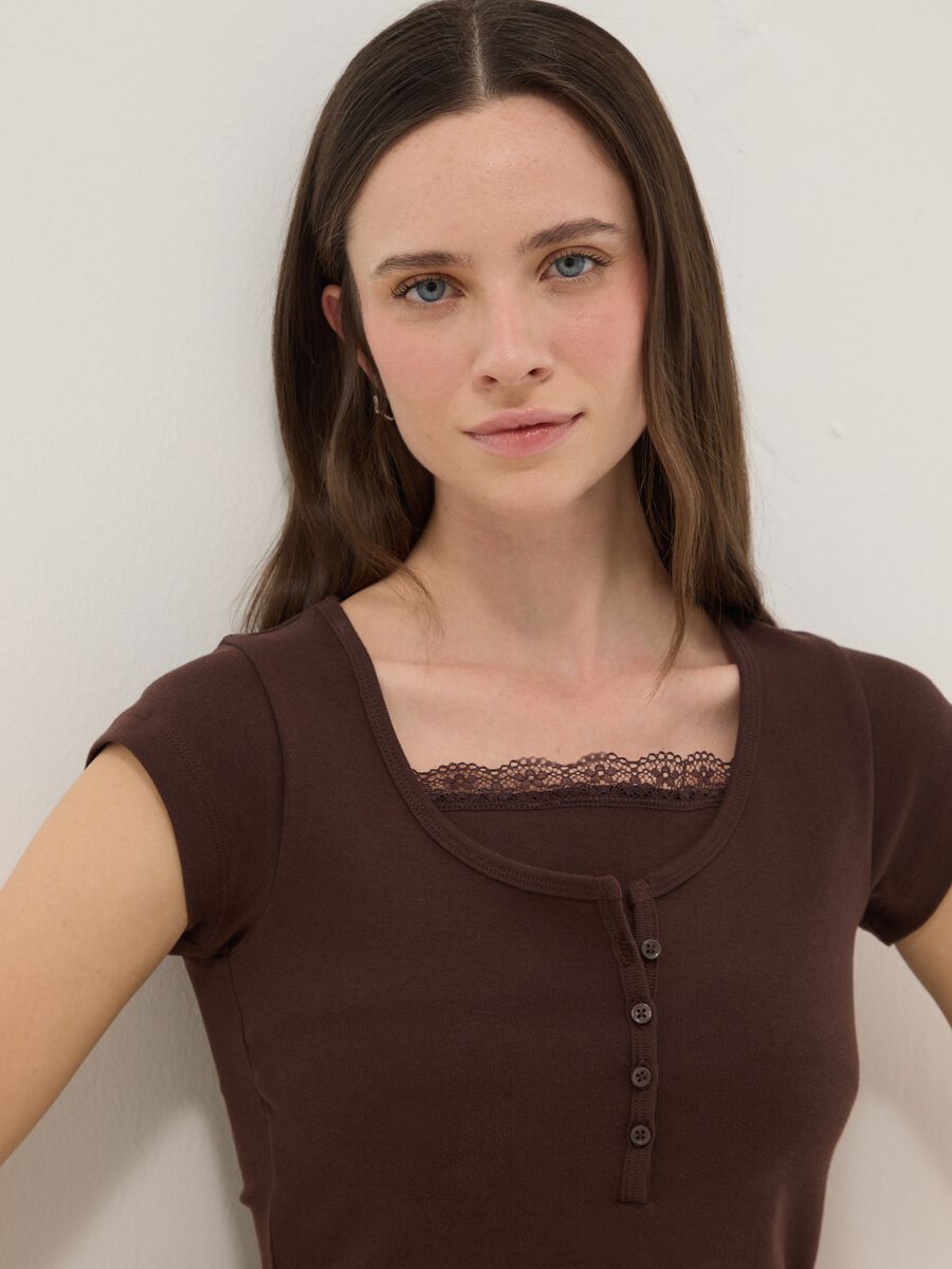 Brown regular fit cotton blend T-shirt with lace details_1