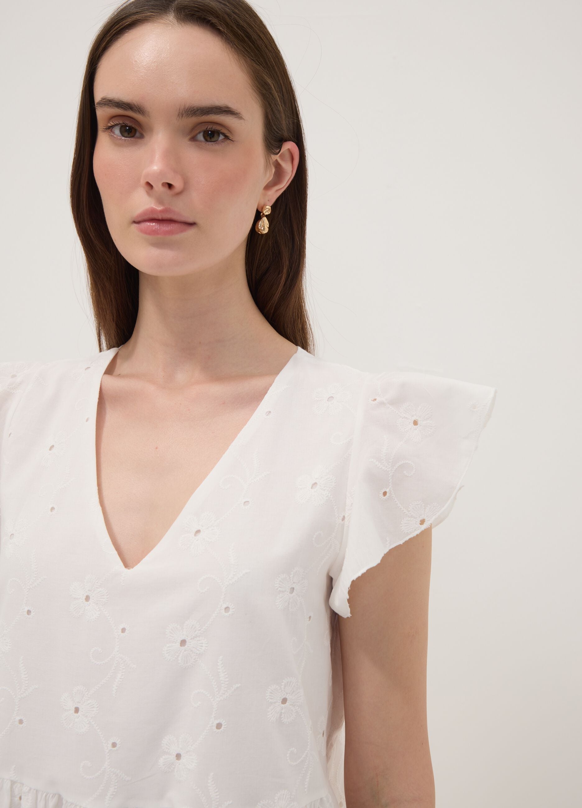 White pure cotton dress with broderie floral embroidery and V-neck