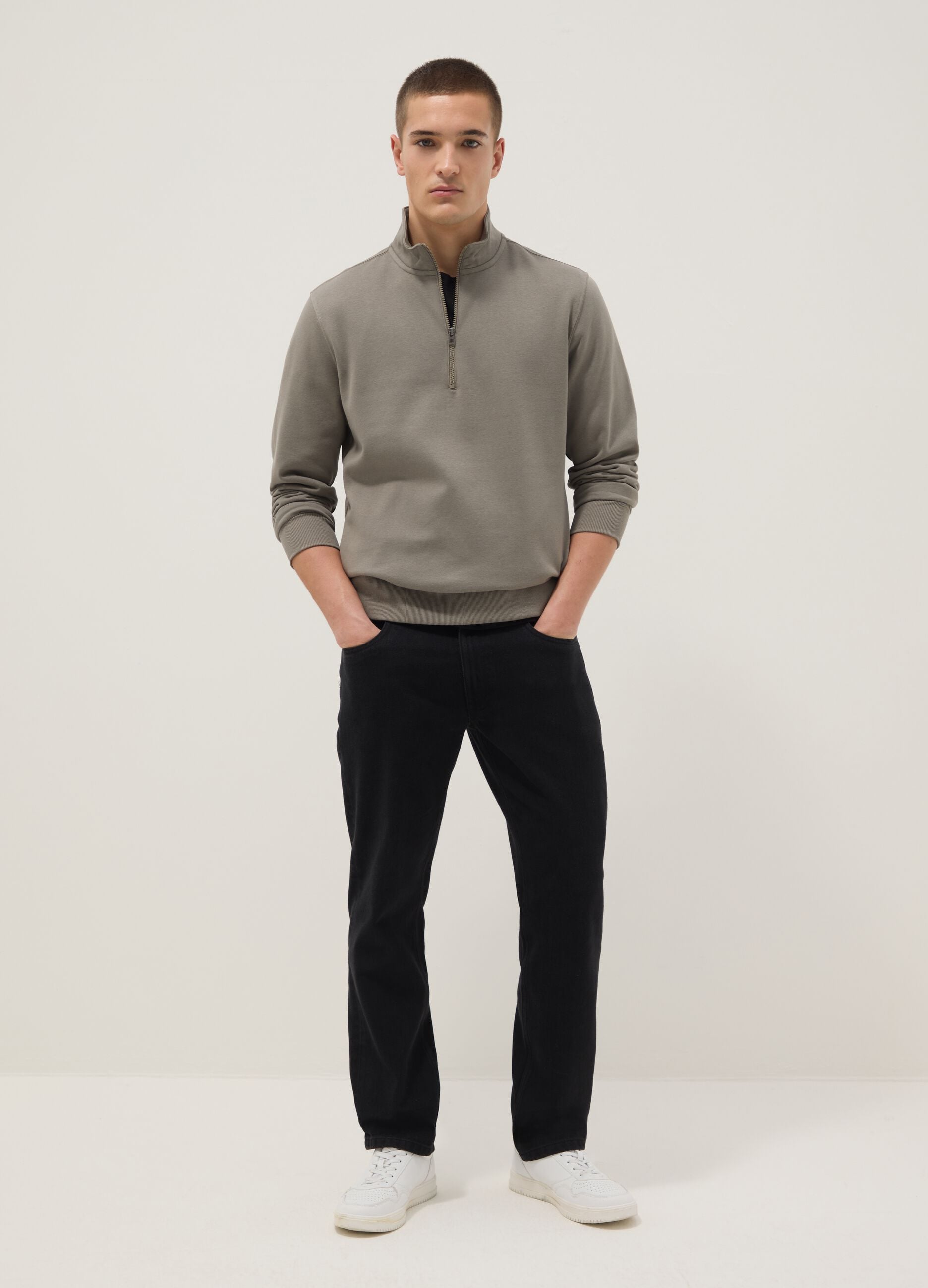 Grey cotton blend sweatshirt regular fit with half zip