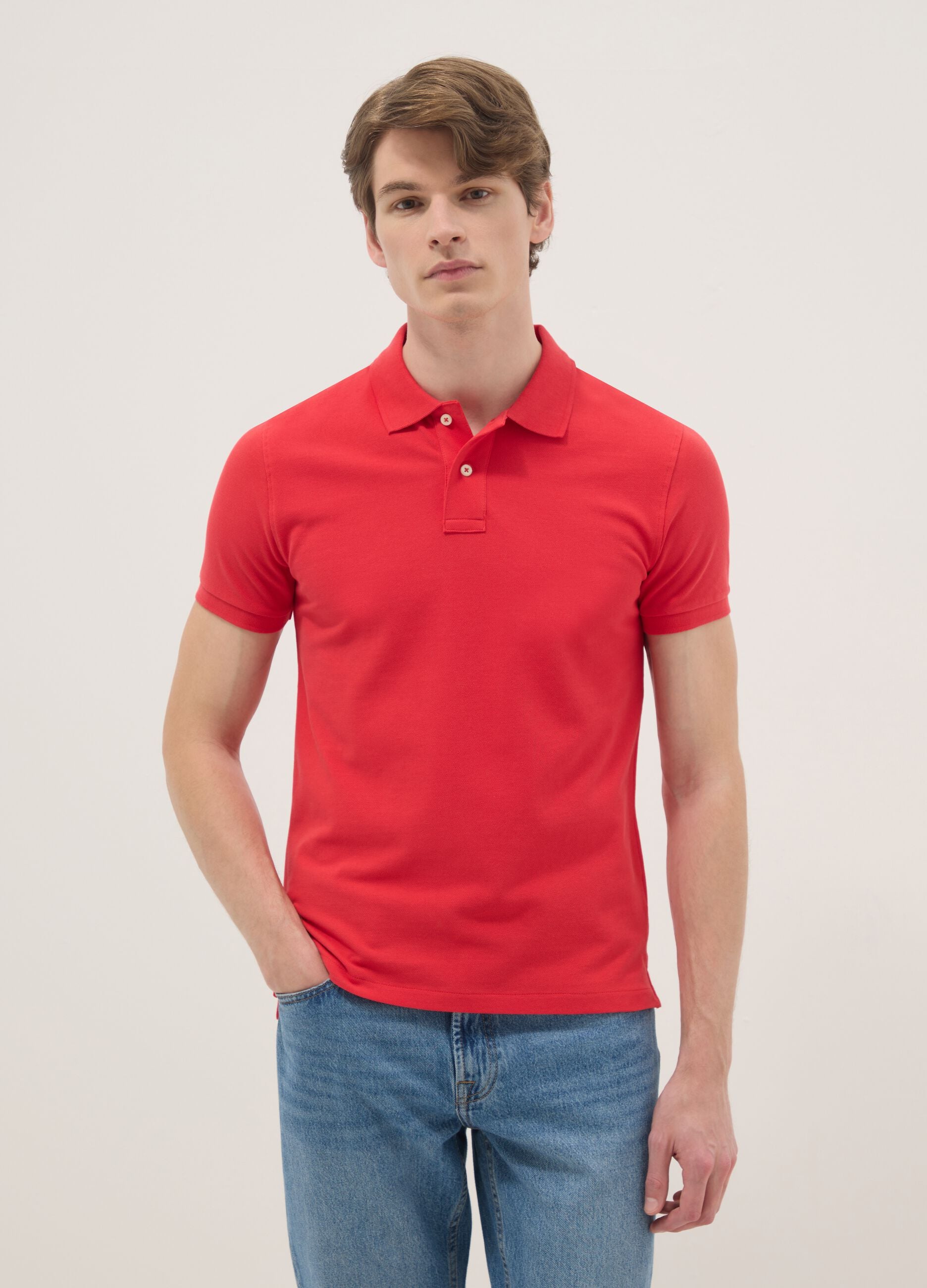 Slim fit pure cotton red short sleeve polo shirt