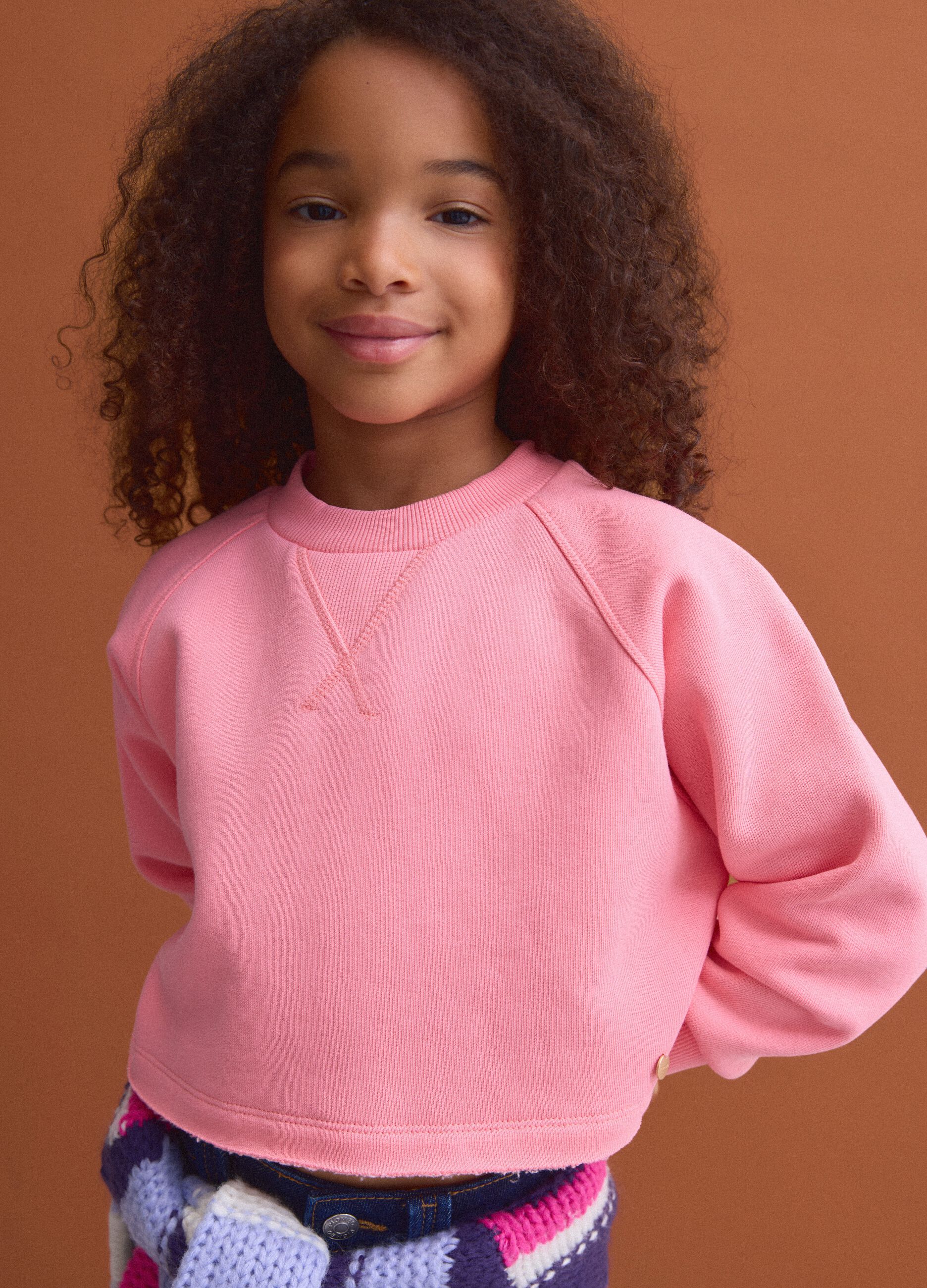 Pink cropped cotton-blend crew-neck sweatshirt, relaxed fit for girls
