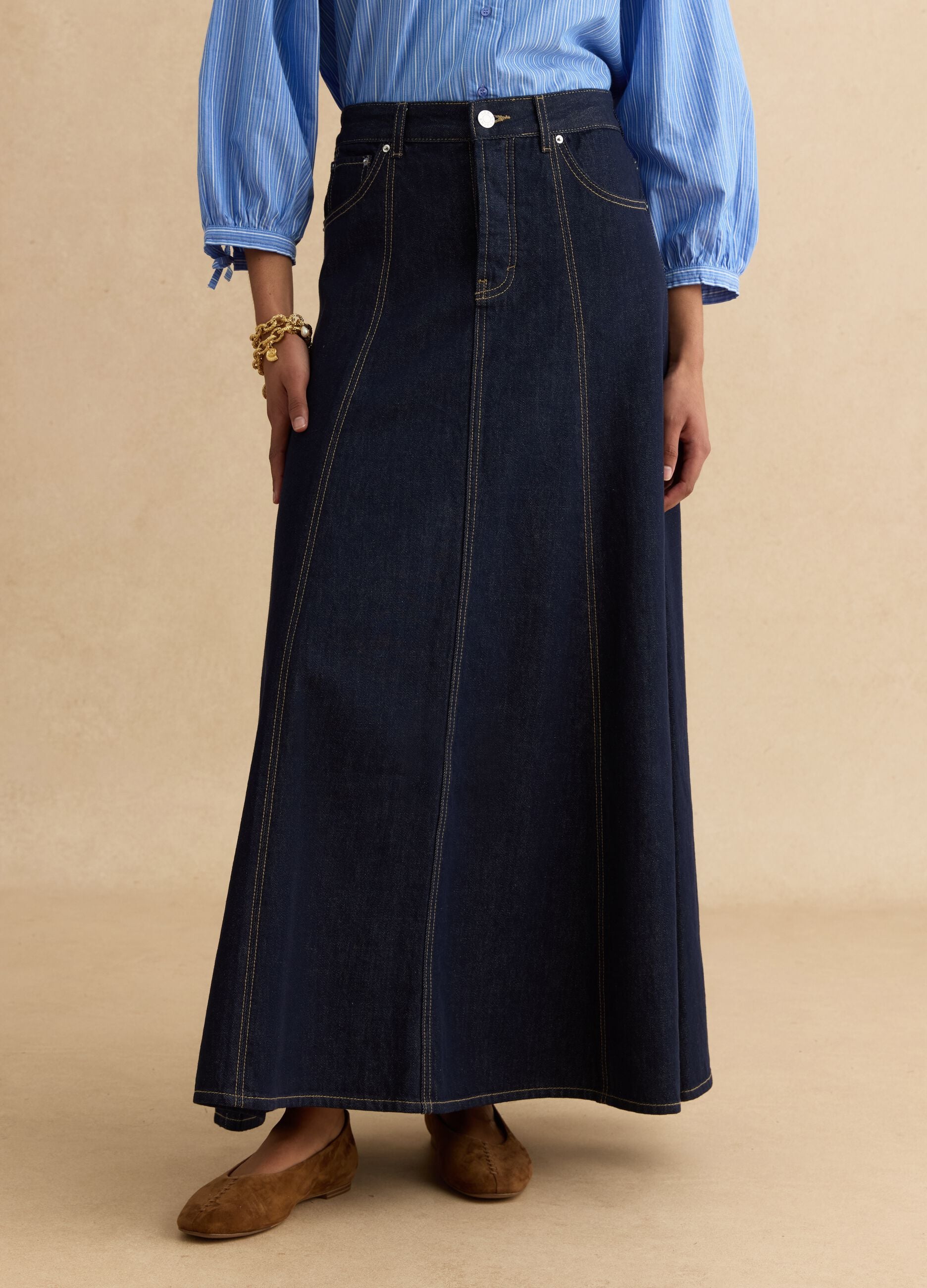 Long skirt in pure blue denim cotton regular fit