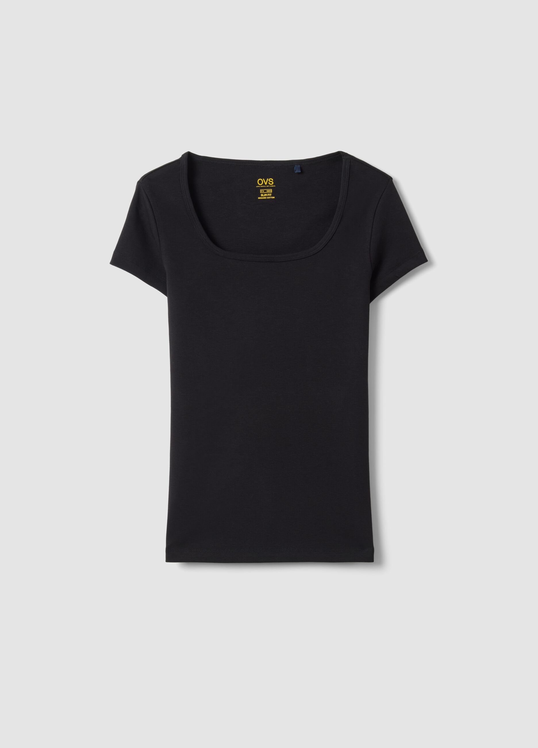 Black fitted stretch cotton T-shirt with square neckline