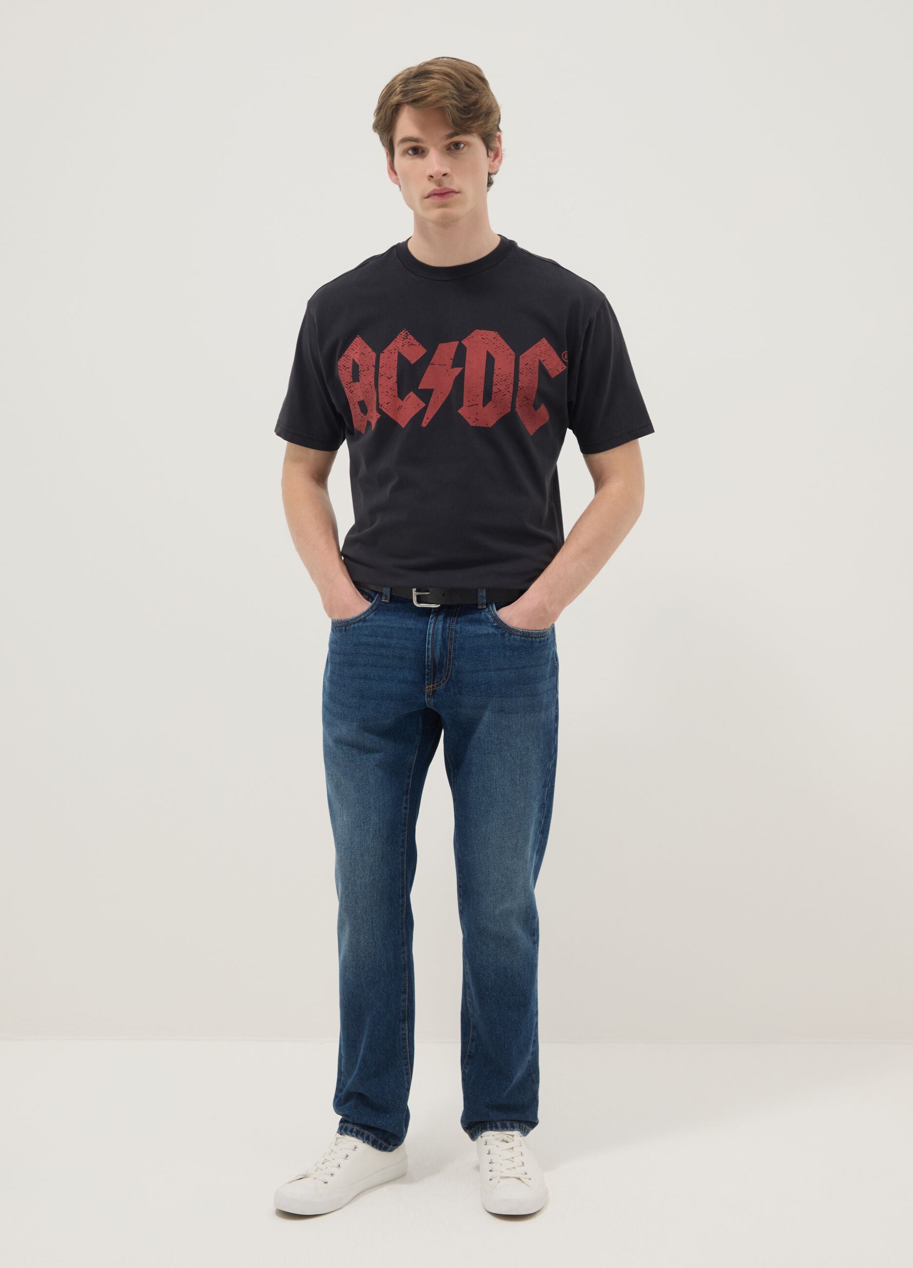 Black pure cotton regular fit T-shirt with AC/DC logo
