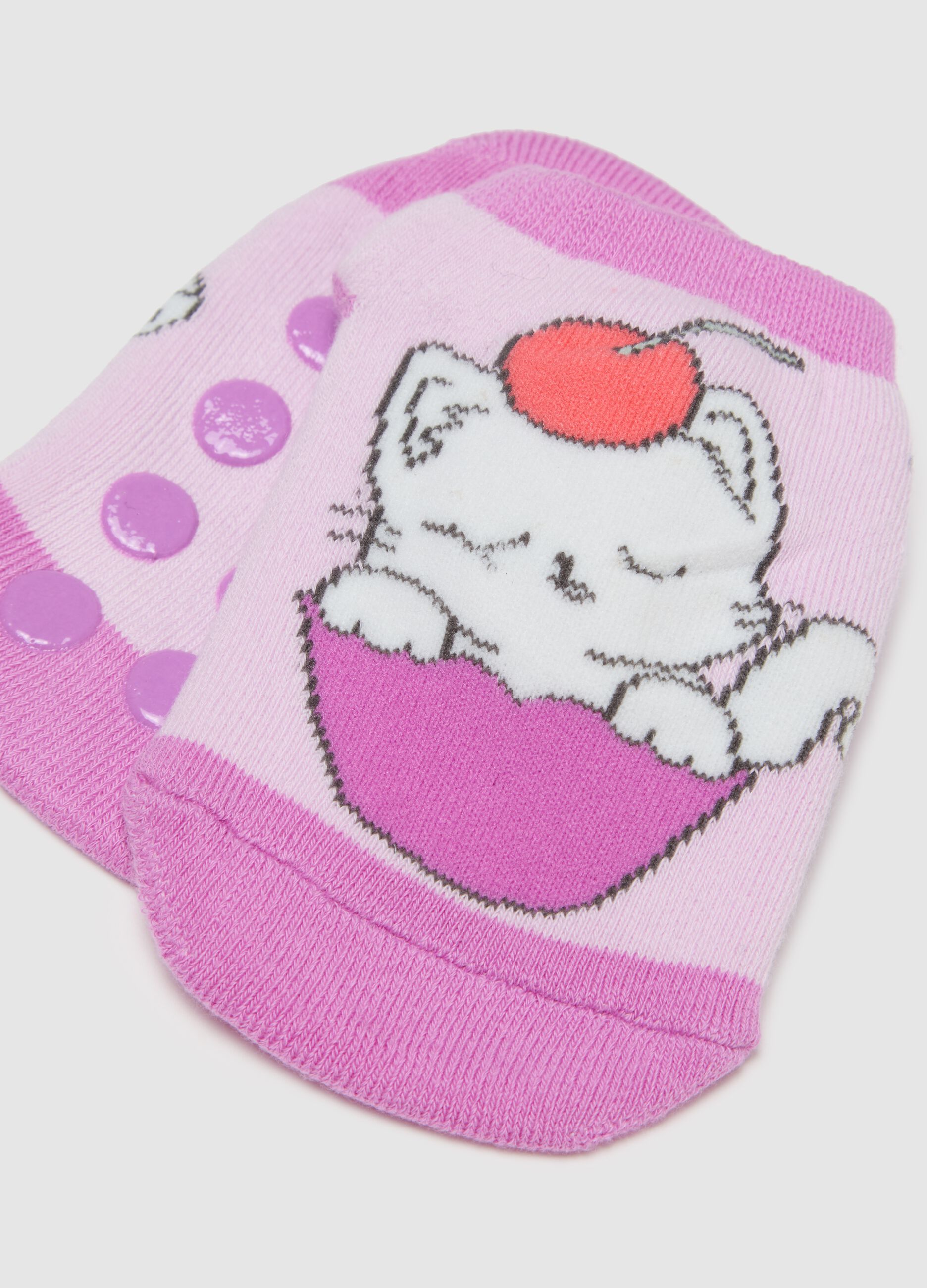 Girls' purple cotton blend socks with cat, regular fit