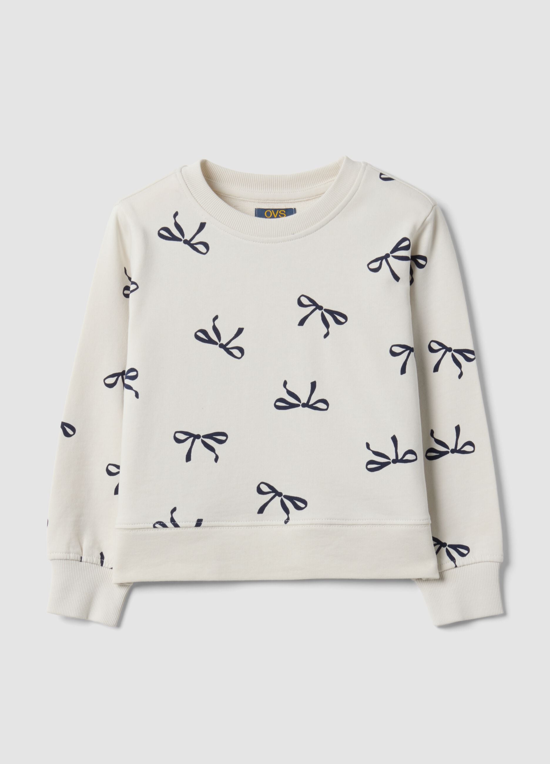 White pure cotton girls&rsquo; sweatshirt with bow print and crew neck