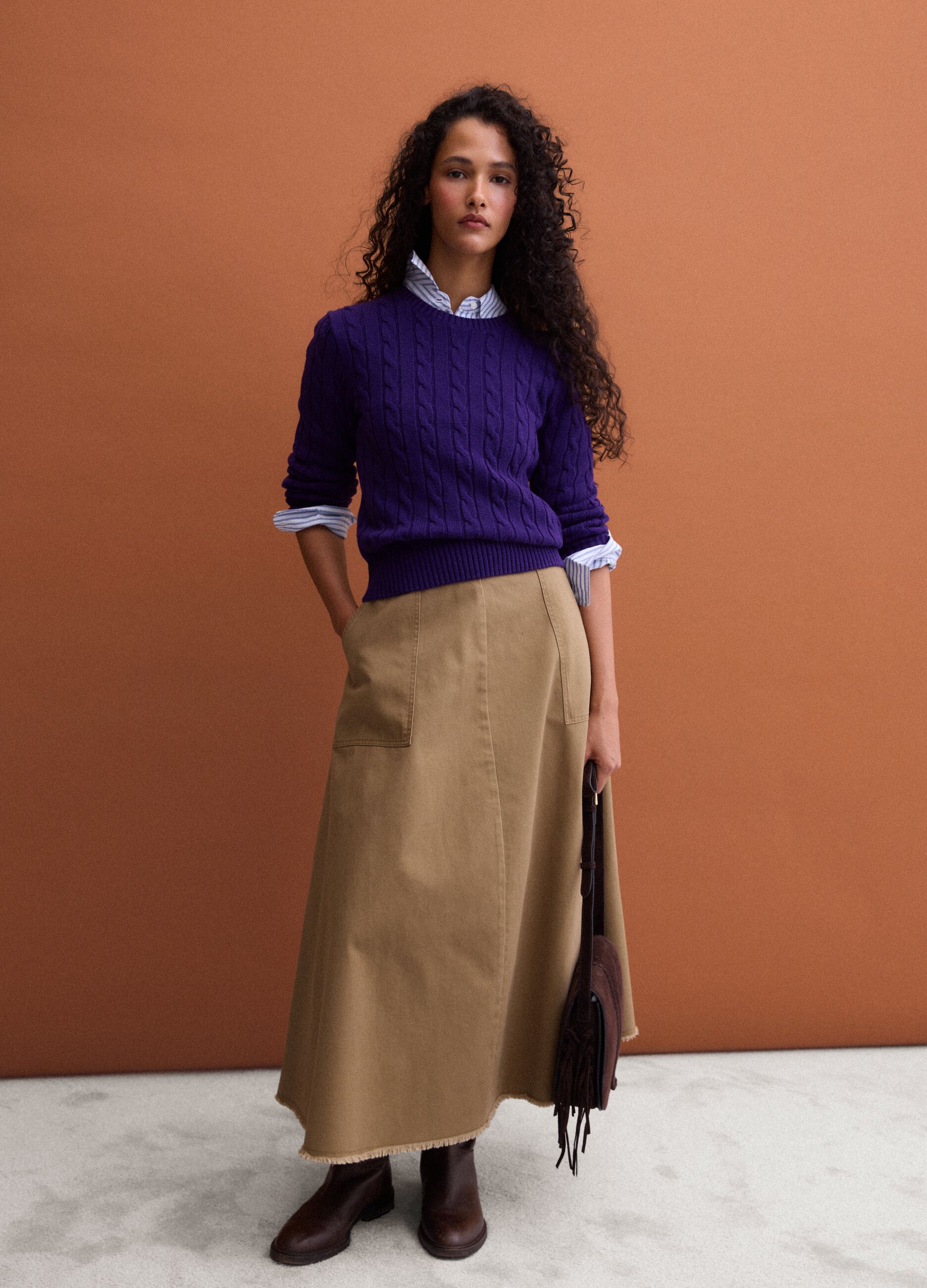 Brown midi skirt in pure cotton