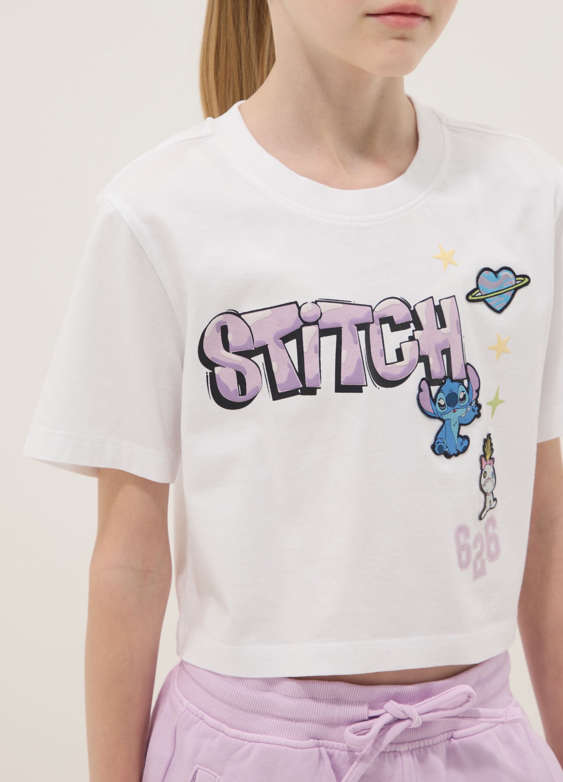 Girls&rsquo; white and purple pure cotton set with Stitch prints