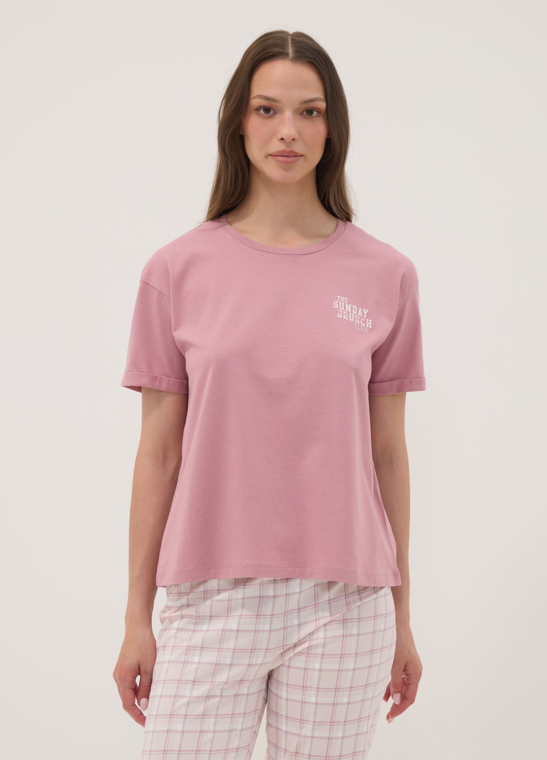 Pink organic cotton pyjama T-shirt with front slogan
