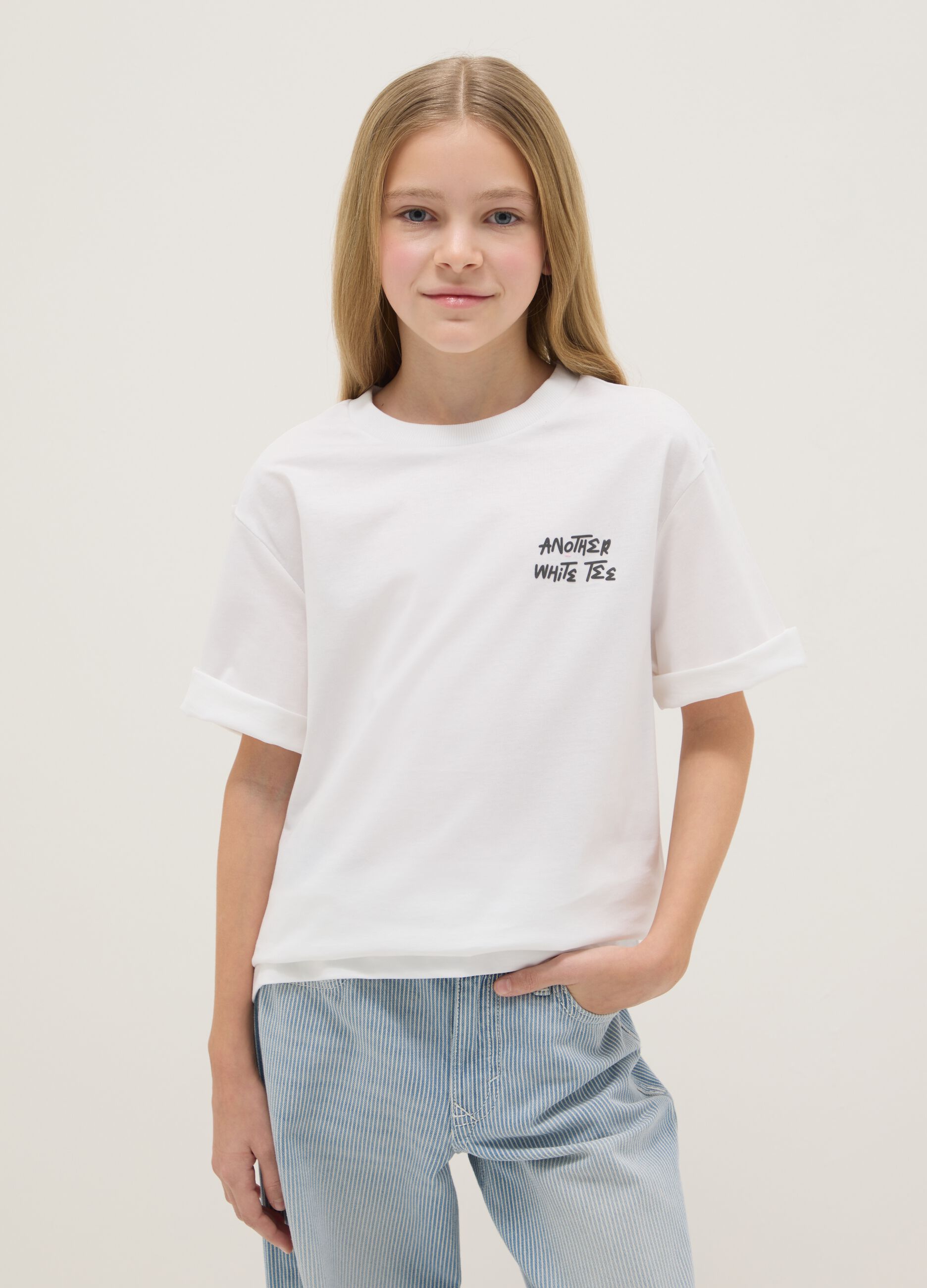 Girls' white pure cotton overfit T-shirt with lettering