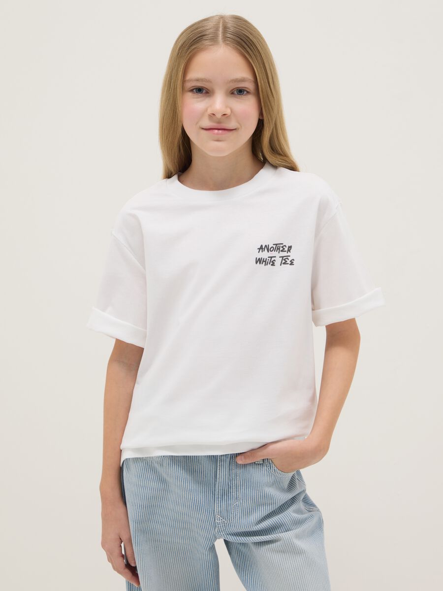 Girls' white pure cotton overfit T-shirt with lettering_0
