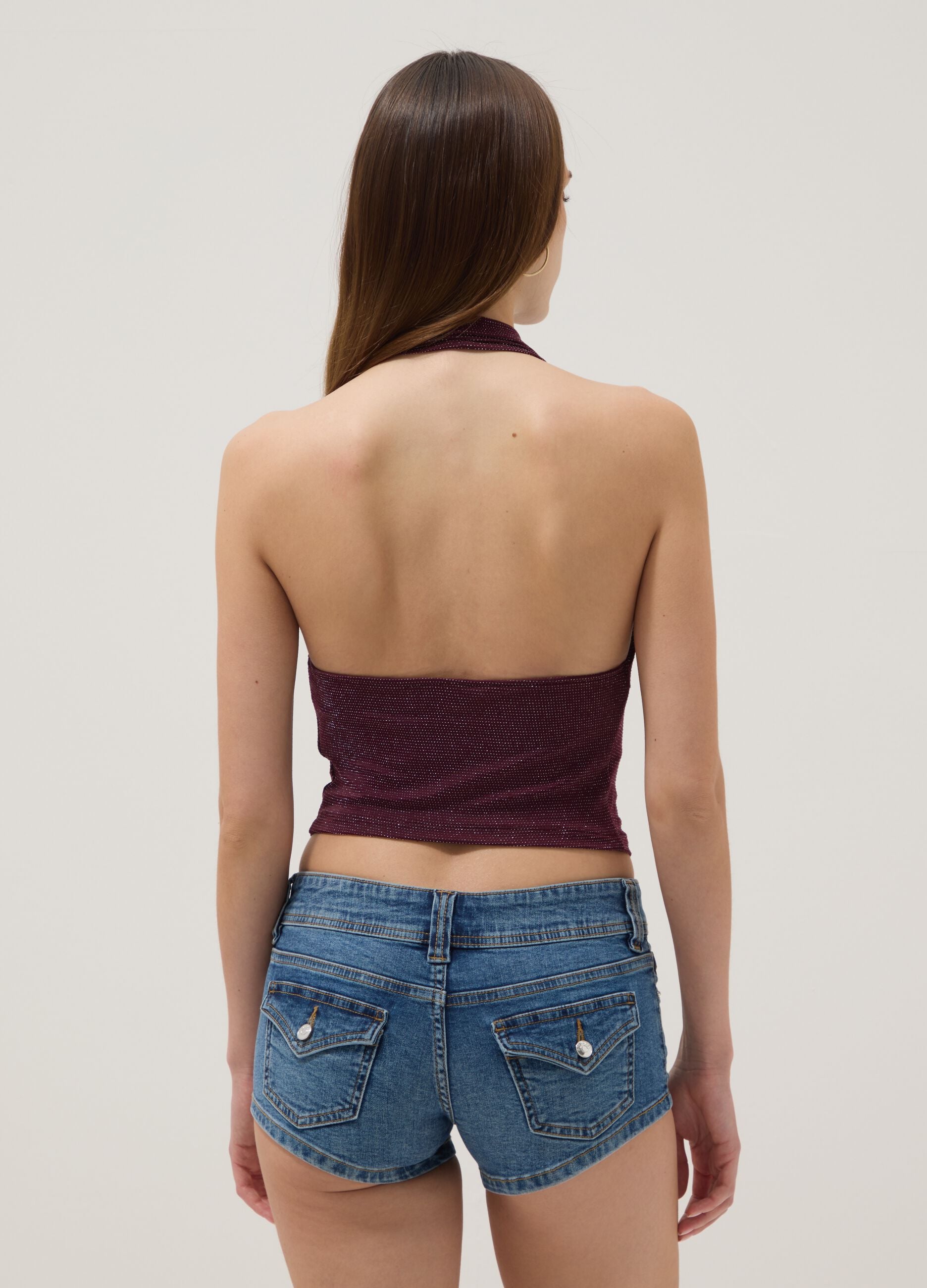 Purple halterneck top in stretch fabric, regular fit