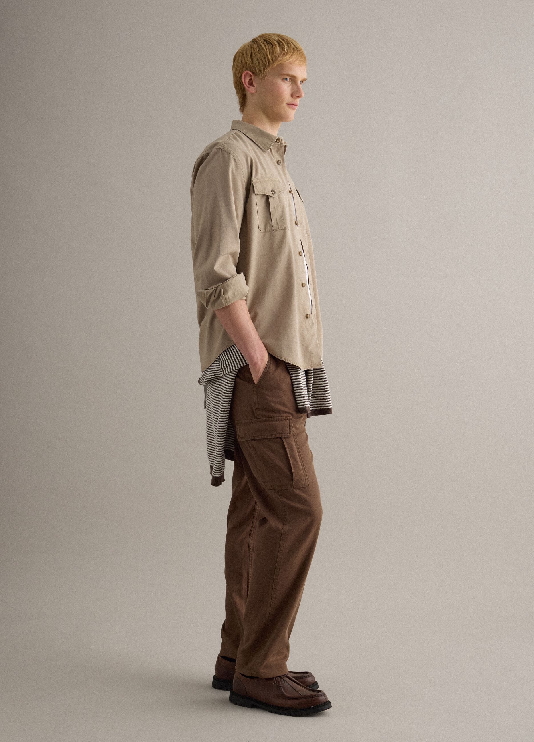 Beige oversized long sleeve shirt in Lyocell and cotton