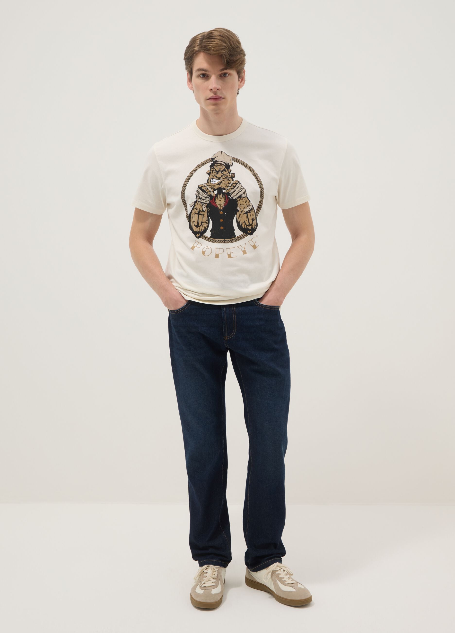 Beige regular fit pure cotton t-shirt with Popeye print