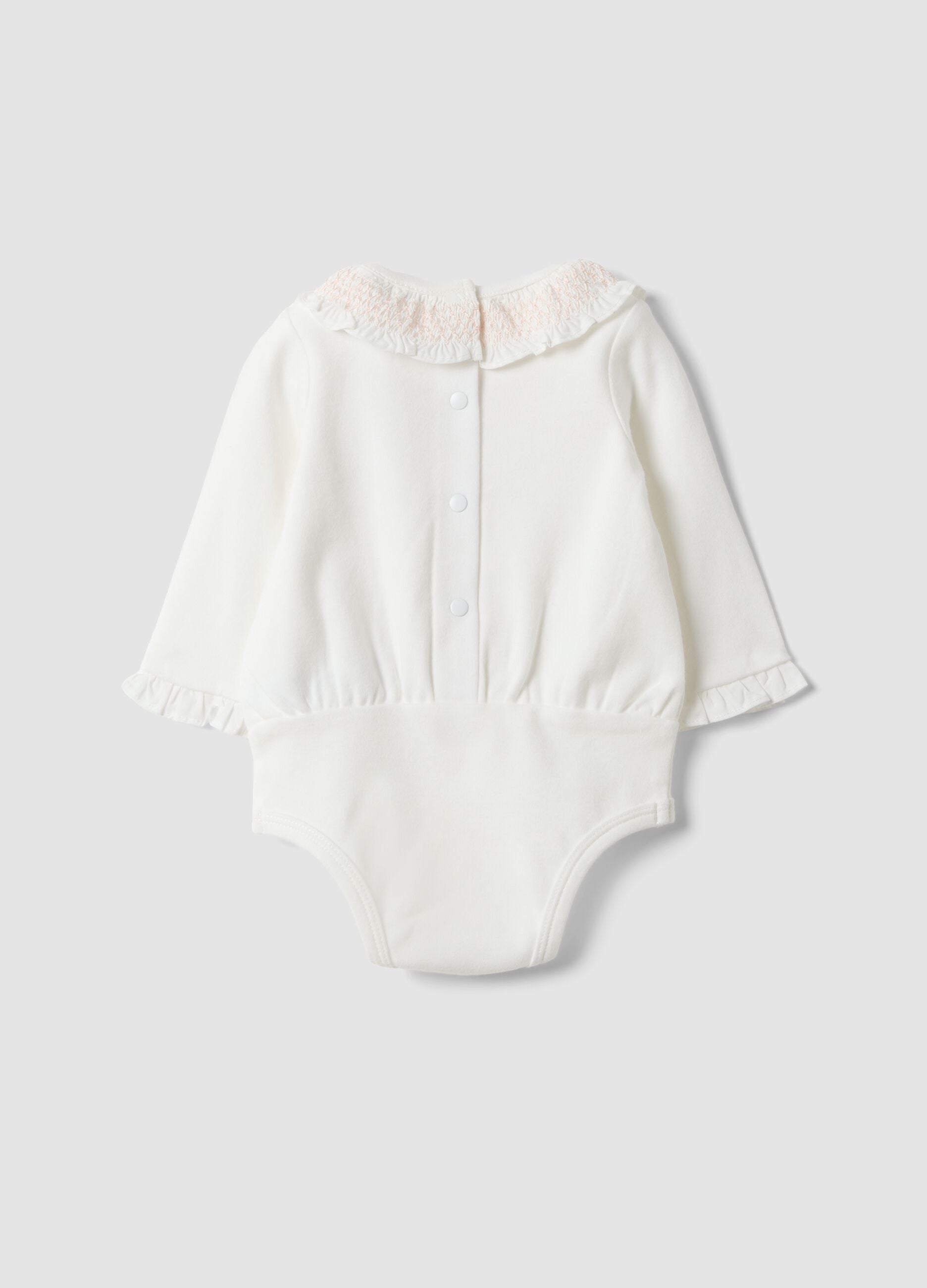 White baby girl bodysuit with pure organic cotton collar