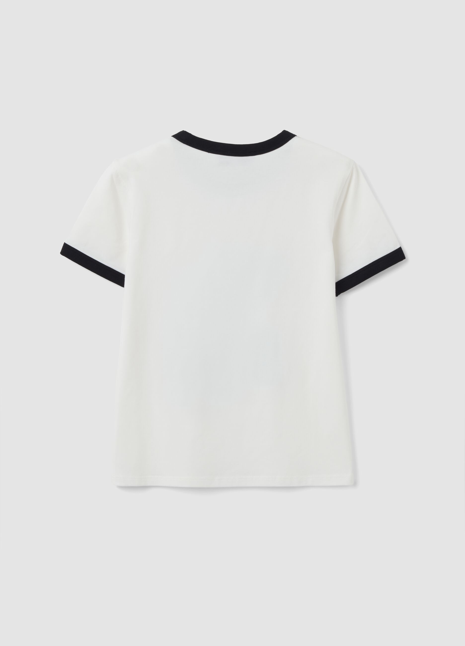 White cotton T-shirt with front graphic print and contrast trims