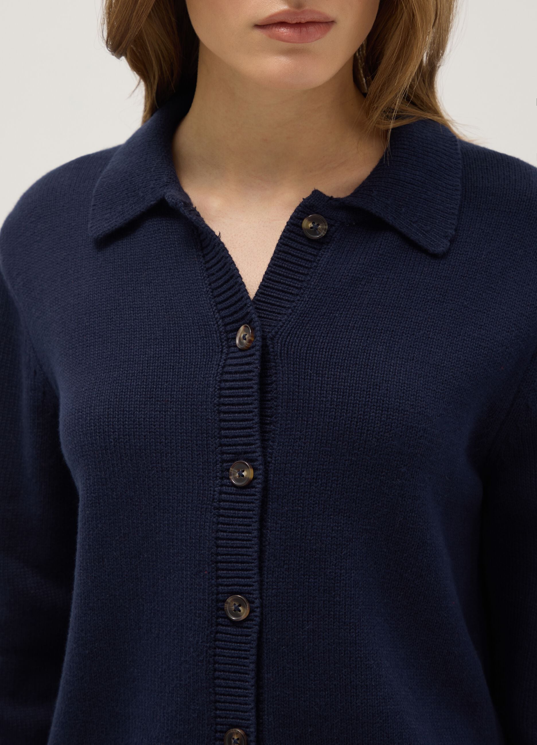 Blue cardigan with polo collar in pure cotton regular fit